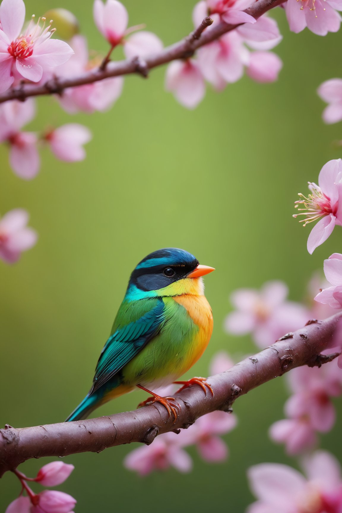 (best quality,8K,highres,masterpiece), ultra-detailed,photorealistic,bird, macro photography, looking at viewer,simple background,jewelry,gradient,bird,animal,green background,branch