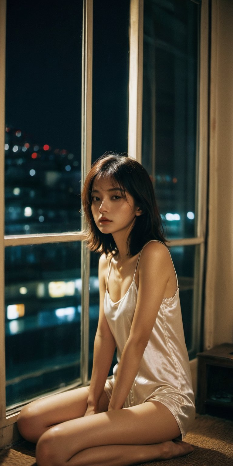 xxmixgirl, big breast, tan lines, deep photo, depth of field, Superia 400, shadows, messy hair, perfect face and body, dark, nighttime, dark photo, grainy, seductive smirk, A sweet and feminine 25-year-old Taiwanese woman was sitting by the floor-to-ceiling window of her bedroom on a rainy night, facing out the window. The woman has light brown shoulder-length hair, misty eyes, and fair skin exuding temptation. She wears a male white translucent shirt or white translucent silk pajamas and white underwear, revealing her collarbone, slender legs, and beautiful feet. It was drizzling outside, and the street lights and neon lights were blurry. Digital photography, front view, frontal angle, full body shot, with a hint of emo and cyberpunk futuristic style, similar to Wong Kar Wai's style.no lights indoors,
Sexysese01249