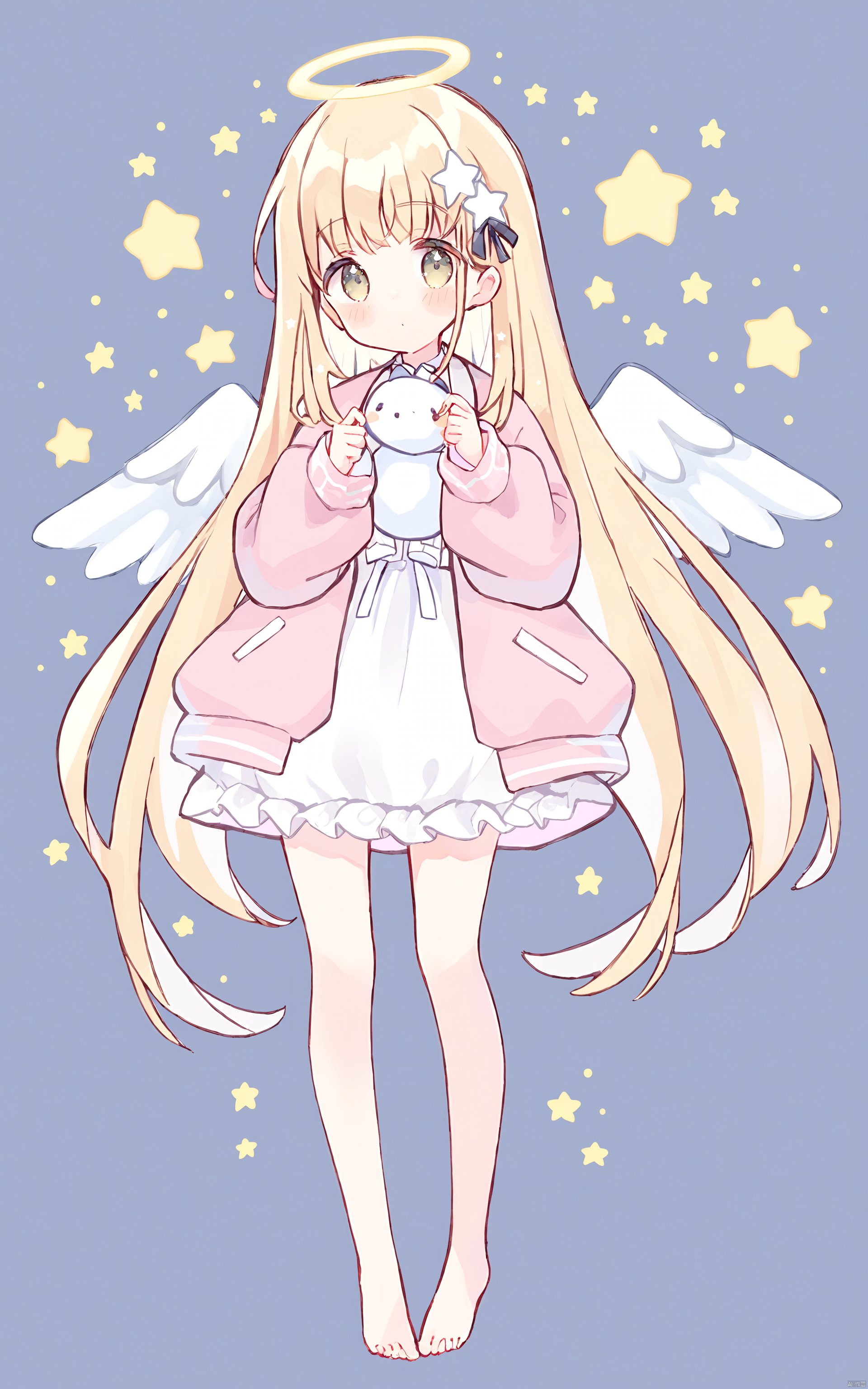 solo, 1girl, white background, full body, wings, barefoot, white wings, jacket, feathered wings, dress, very long hair, blush, long hair, halo, simple background, bangs, puffy sleeves, open jacket, puffy long sleeves, standing, hair ornament, looking at viewer, open clothes, long sleeves, star \(symbol\)