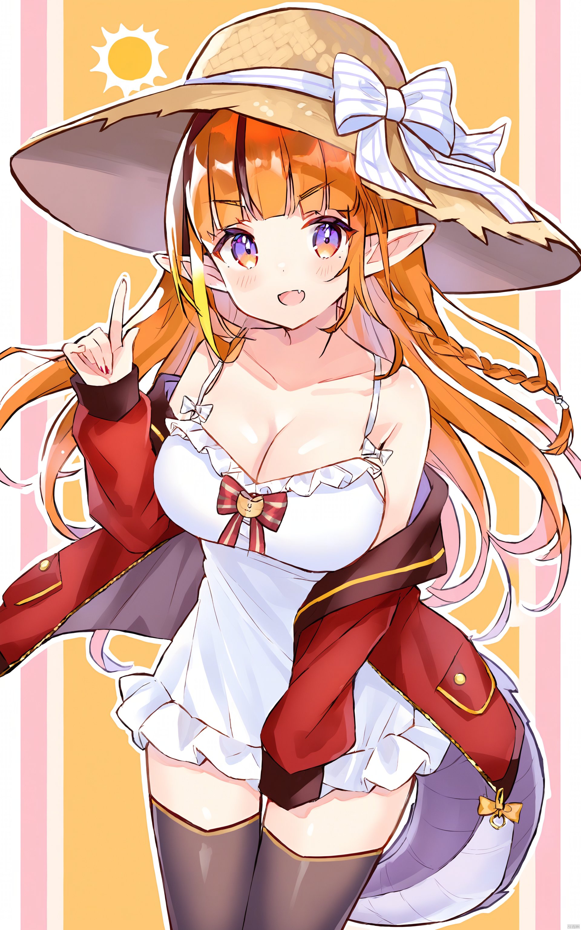 Thin lines, 1girl, breasts, solo, horn bow, kiryu coco, bow, tail, hat, dragon horns, diagonal-striped bow, dragon tail, dragon girl, virtual youtuber, orange hair, thighhighs, long hair, cleavage, horns, large breasts, horn ornament, pointy ears, blonde hair, looking at viewer, bangs, multicolored eyes, skin fang, jewelry, white camisole, black thighhighs, open mouth, fang, striped bow, braid, sun hat, red eyes, smile, multicolored hair, striped, blunt bangs, camisole, jacket, straw hat, frills, blush, streaked hair, single braid, bare shoulders, partially unzipped, spaghetti strap, red jacket, cowboy shot, collarbone, sidelocks, white bow, purple eyes