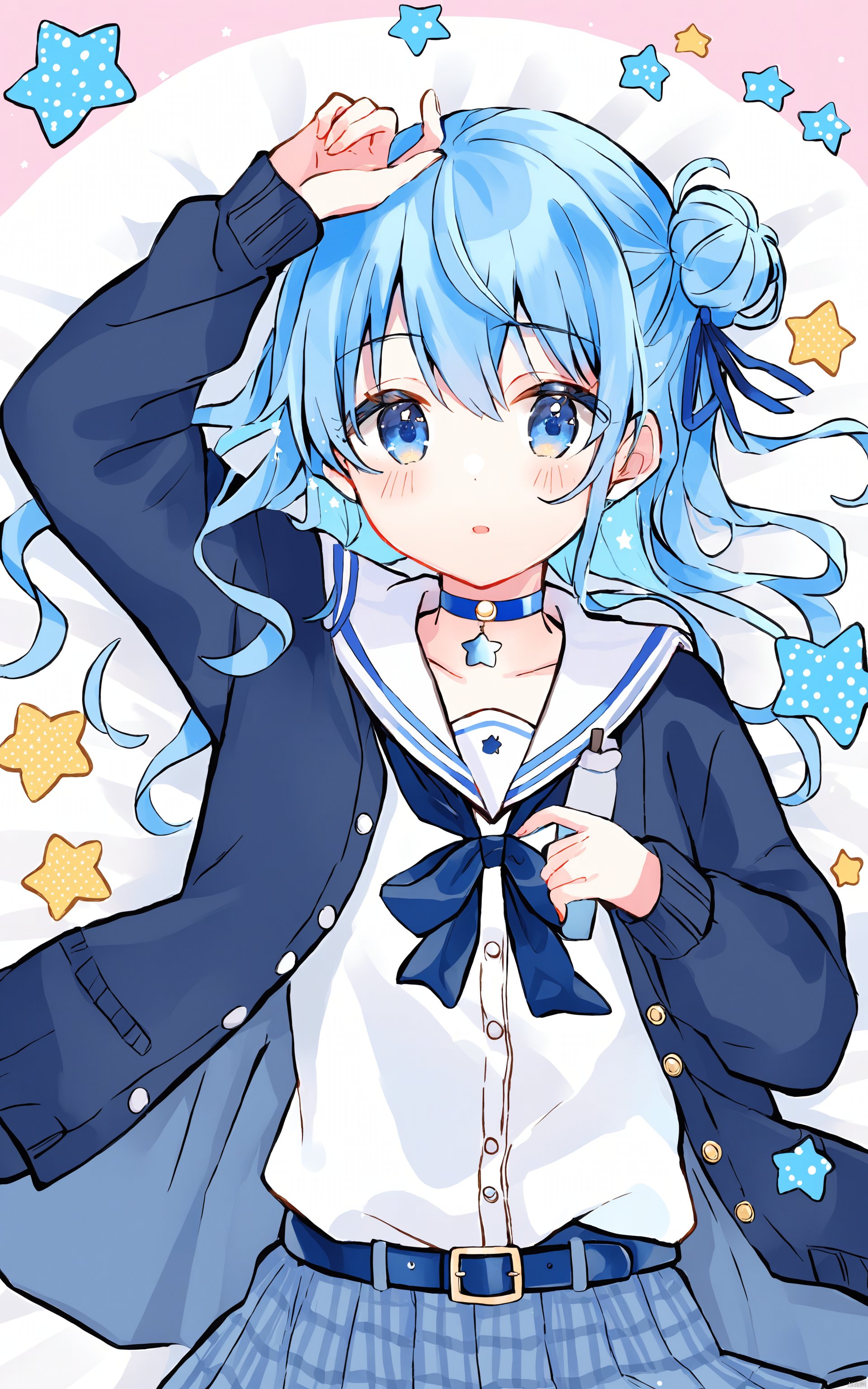 Thin lines, 1girl, solo, blue eyes, long hair, lying, sailor collar, on back, blue hair, looking at viewer, virtual youtuber, hoshimachi suisei, bangs, holding, white sailor collar, long sleeves, parted lips, skirt, star \(symbol\), cardigan, choker, symbol in eye, belt, blue choker, white skirt, star in eye, pleated skirt, hair bun, open cardigan, single side bun, shirt, blush, white shirt, open clothes, school uniform, hair between eyes