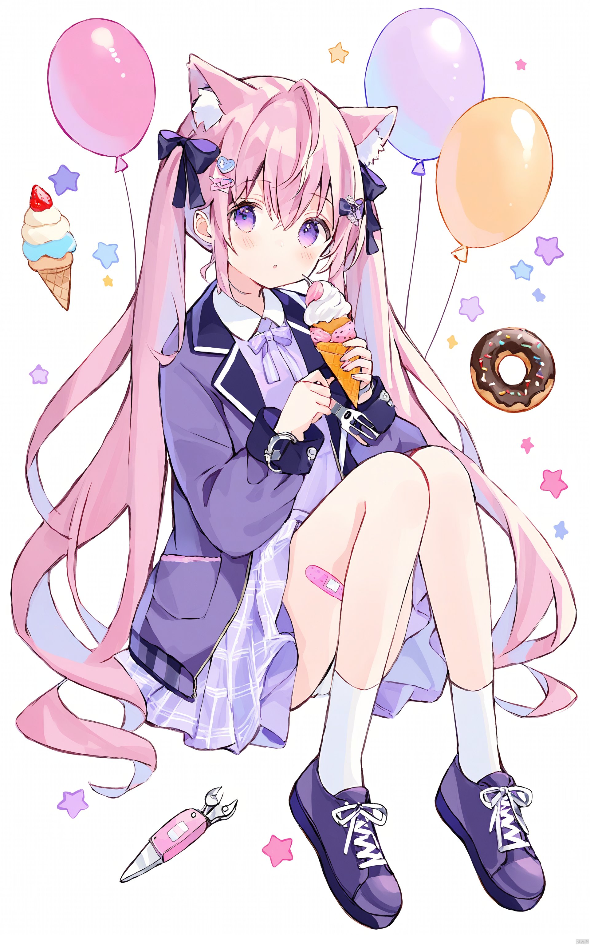 solo, scissors, 1girl, doughnut, jacket, food, shoes, animal ears, ice cream, open jacket, knees up, long hair, bangs, socks, very long hair, white socks, twintails, purple jacket, bandaid, open clothes, handcuffs, hair ornament, hair between eyes, blush, balloon, animal ear fluff, full body, low twintails, white background, looking at viewer, purple eyes, purple dress, ice cream cone, dress, bandaid on leg, parted lips, cuffs, fruit, pink hair, long sleeves