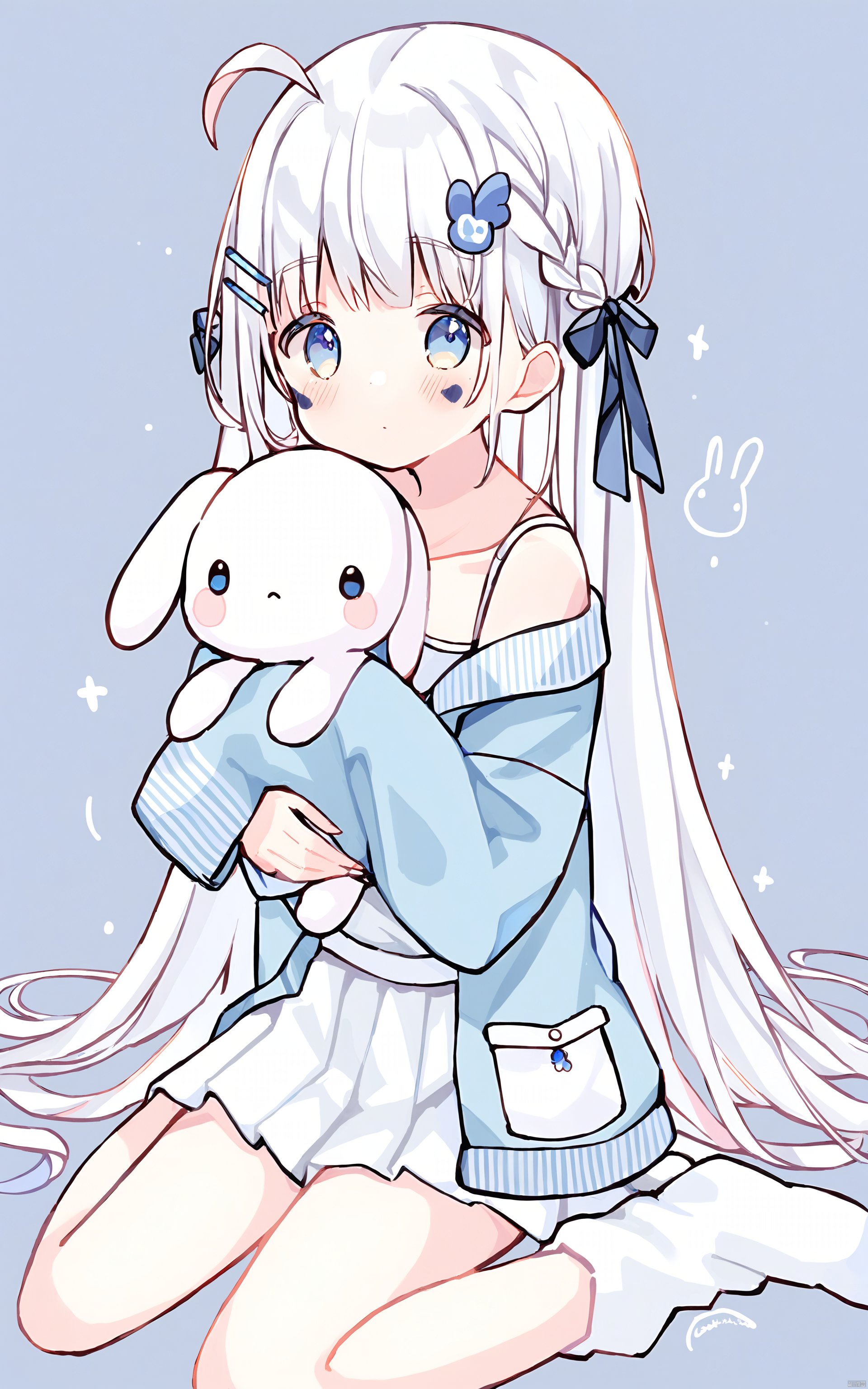 Thin lines, 1girl, solo, blue eyes, long hair, stuffed toy, socks, wariza, ahoge, white background, stuffed animal, braid, sitting, looking at viewer, bangs, blush, sleeves past wrists, simple background, skirt, white skirt, stuffed bunny, white hair, long sleeves, off shoulder, loose socks, holding stuffed toy, pleated skirt, bare shoulders, facial mark, hair ornament, signature, white socks, object hug, sleeves past fingers, wing hair ornament, very long hair, collarbone, closed mouth