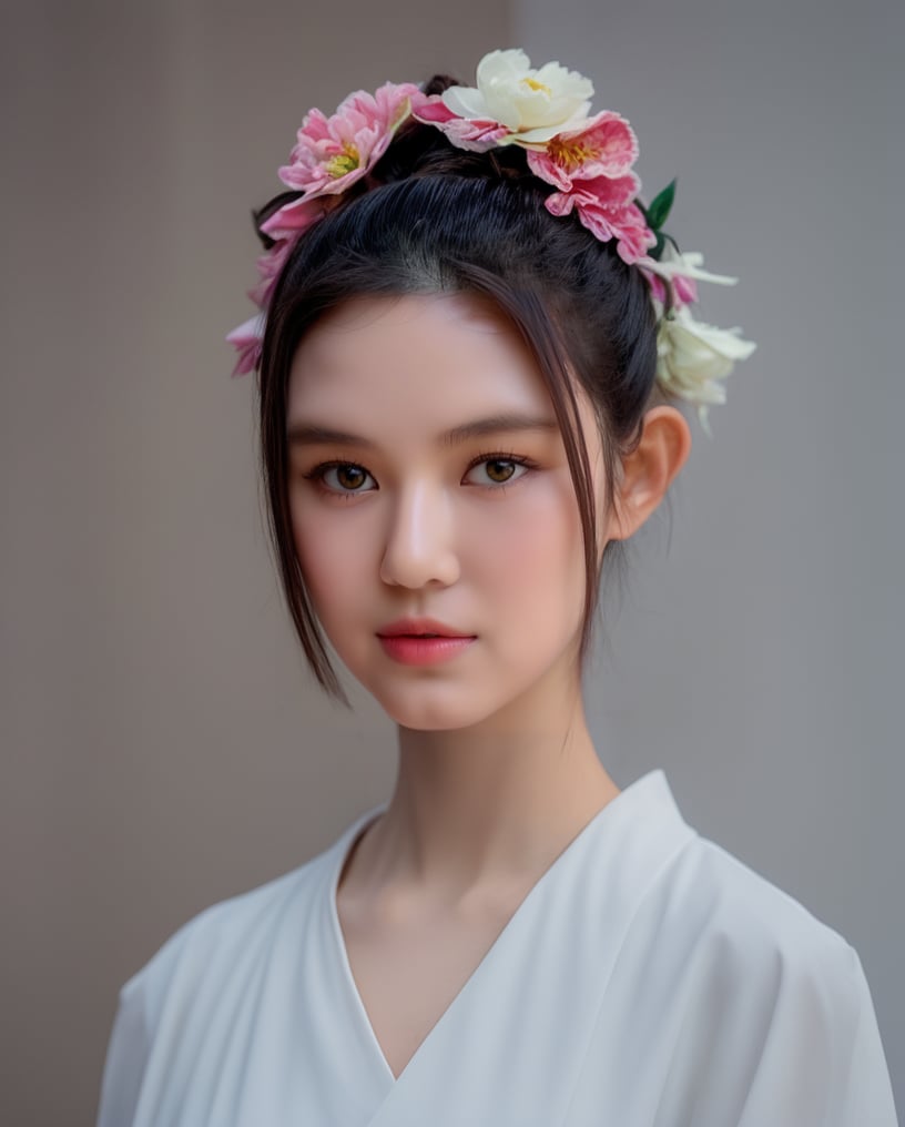 A girl, wearing hanfu, peony garden, butterfly, (negative space:1.4), fusion of art nouveau styles with gongbi painting, gold and white and red hue, Mucha style, (Cinematic lighting, ethereal light, intricate details, extremely detailed, incredible details, full colored), complex details, hyper maximalist, gorgeous light and shadow, detailed decoration, detailed lines. masterpiece, best quality, HDR, UHD, unreal engine. looking at the camera, fair skin, beautiful face,Colors,haerin,njhaerin,newjeans,danielle,njdanielle