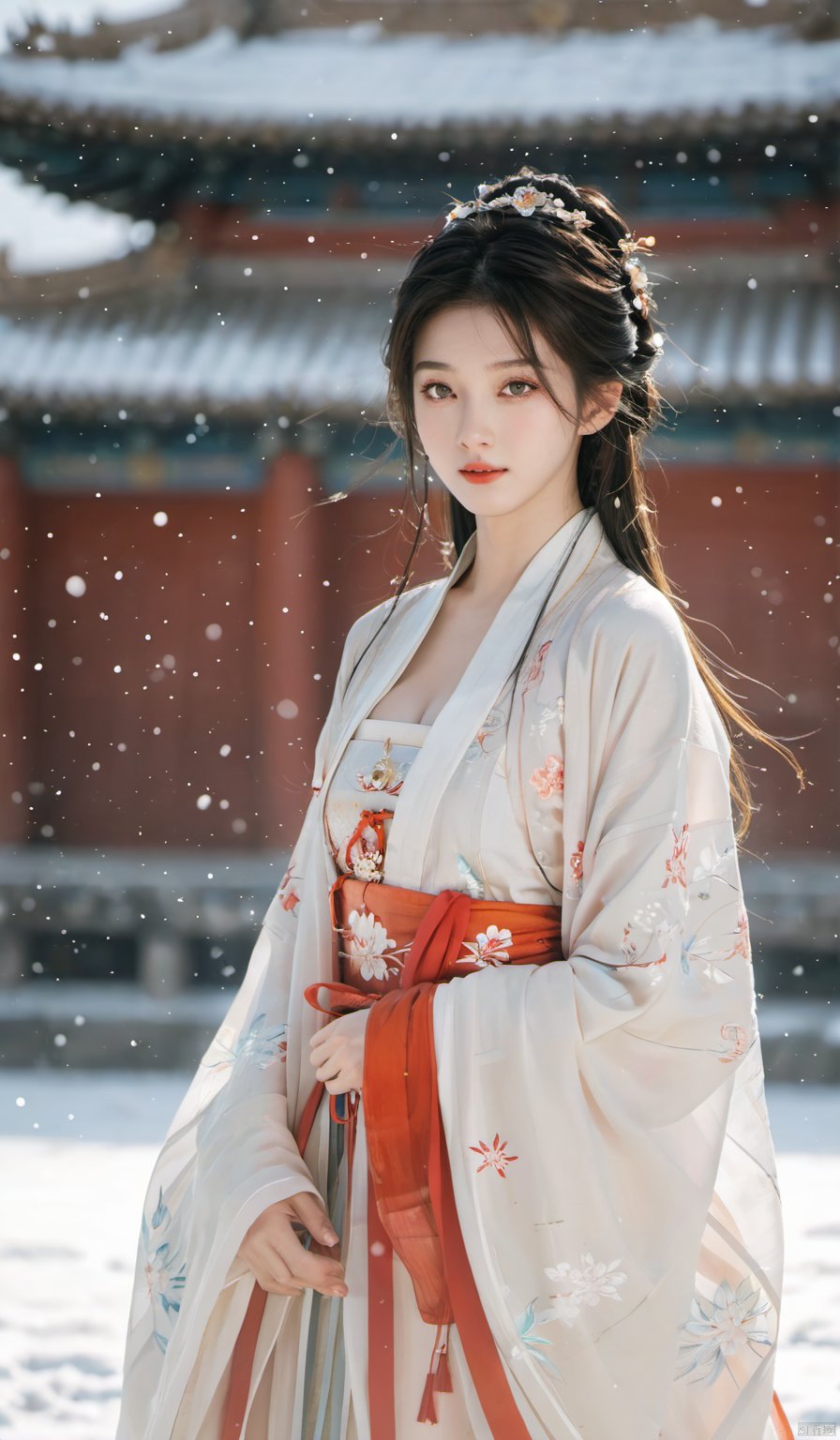  arien_hanfu,1girl,(Masterpiece:1.2), best quality, arien_hanfu,1girl, (falling_snow:1.3), looking_at_viewer,(big breasts:1.88), (plump breasts:1.7),(Tube top Hanfu:1.2),hand101,full body, 1girl
In this masterpiece artwork of the highest quality (Masterpiece version 1.2), an Arien woman dressed in a modernized hanfu style featuring a tube top design (Tube top Hanfu: 1.2) is depicted (arien_hanfu, 1girl). Against a backdrop of falling snowflakes (falling_snow: 1.3), she gazes directly at the viewer (looking_at_viewer), creating a distinct and profound sense of engagement.

The female figure in the painting possesses generously proportioned attributes, characterized by larger-than-average breasts (big breasts: 1.88) and plumpness (plump breasts: 1.7), which harmoniously complement her form-fitting upper garment in traditional Chinese attire.

The composition presents a full-body portrait (full body), with intricate attention given to the detail of the woman's hands identified as hand101,