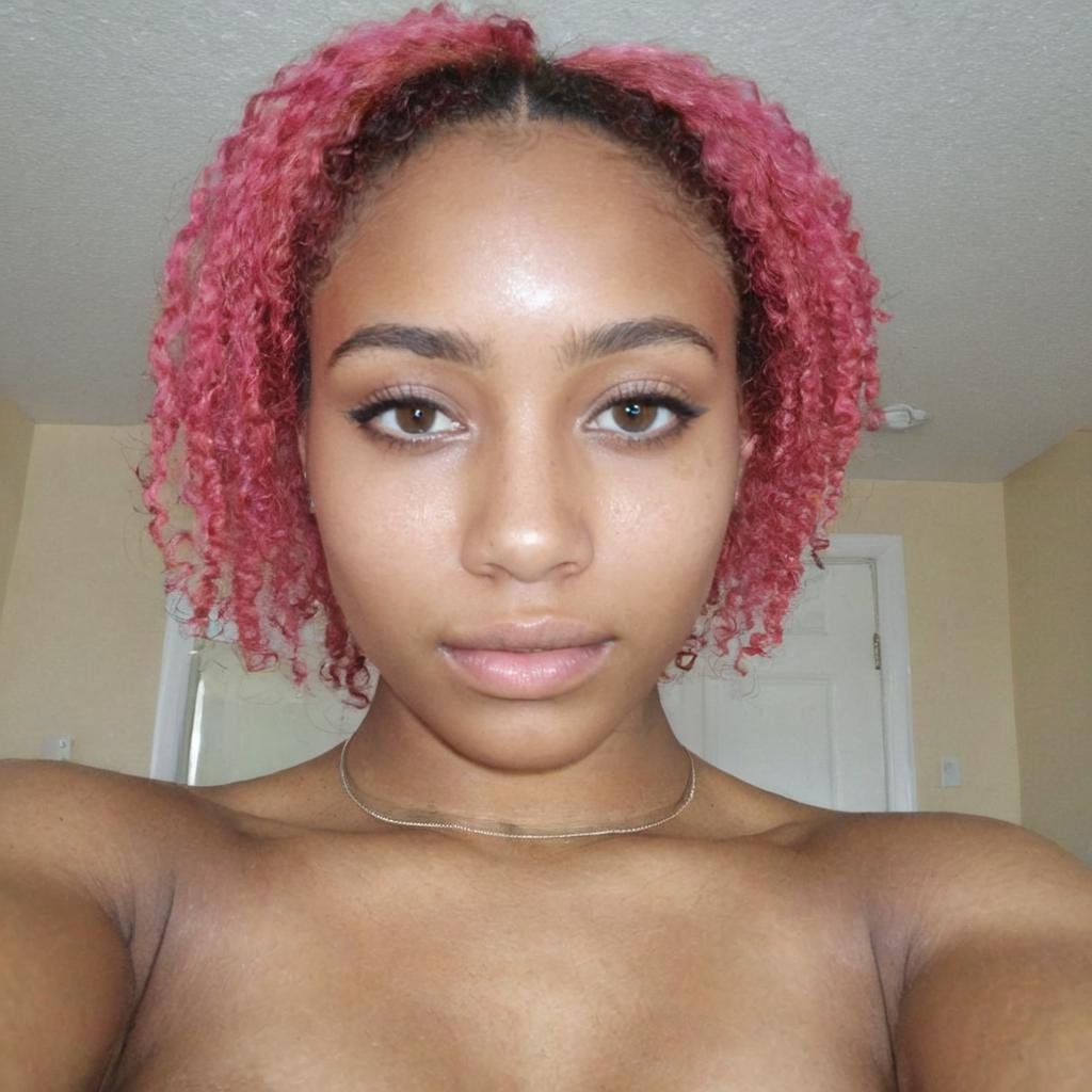 (amateur webcam still),  (pink hair:1.3), freckles,   slim busty , 20 years of age African Nigerian woman,  athletic , without make-up, extremely detailed eyes, detailed symmetric realistic face, natural skin texture, extremely detailed skin with skin pores   <lora:sdxl_hassangirl-21 epochs:0.55>