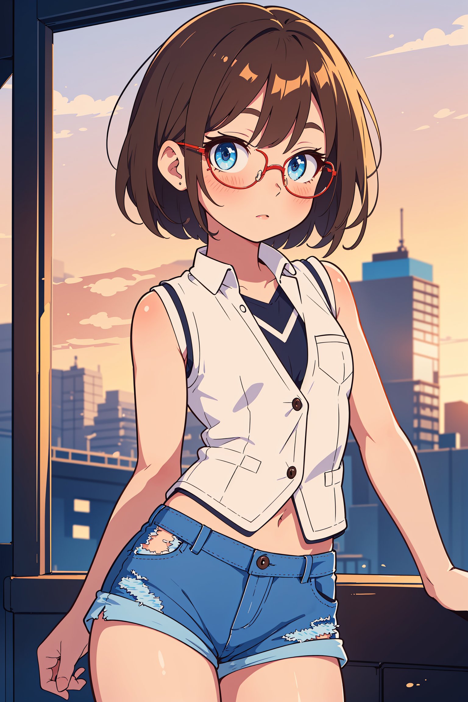 (((white vest, blue jean shorts))), sunset, orange sky, (masterpiece),((ultra-detailed)), (highly detailed CG illustration),(expressionless), (best quality:1.2),(1girl:1.2),High quality texture, intricate details, detailed texture, High quality shadow, brown eye pupil, wearing glasses, megane,depth of field, perspective,20s, (big eyes:1.2),blush,perfect body, lean body, (slim waist:1.3), small breast, distinct_image, (lustrous skin), solo focus, (brown hair), (streaked hair), ((short hair)), , , , ,