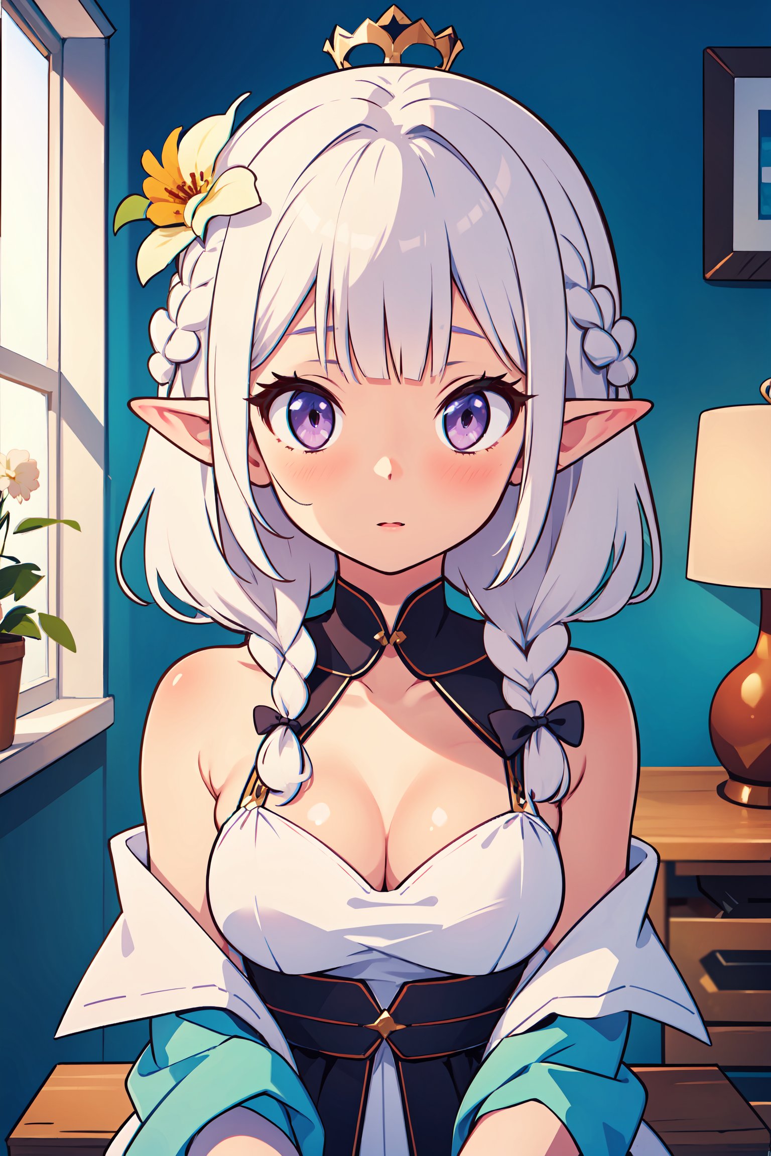 indoors, 1girl, solo, long_hair, breasts, looking_at_viewer, bangs, hair_ornament, white_background, dress, ribbon, cleavage, bare_shoulders, medium_breasts, purple_eyes, hair_ribbon, upper_body, braid, flower, white_hair, pointy_ears, hair_flower, blunt_bangs, x_hair_ornament, white_flower, elf, gem, crown_braid