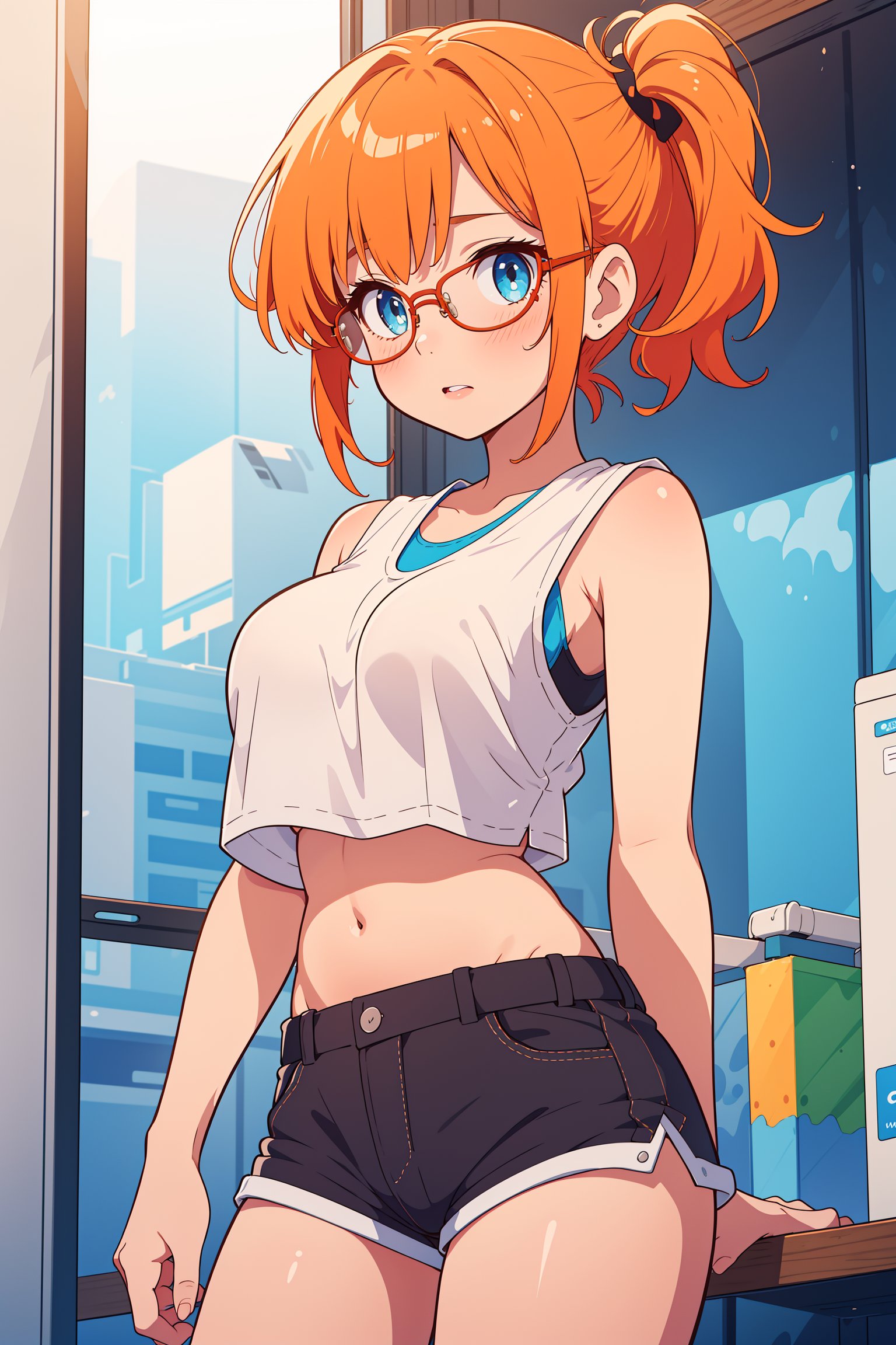 (masterpiece, best quality), 1girl,  pkmnmisty, 1girl, solo, blue eyes, glasses, orange hair, short hair, side ponytail, bangs, hair tie,, white shirt, crop top, sleeveless, short shorts, perfect boobs