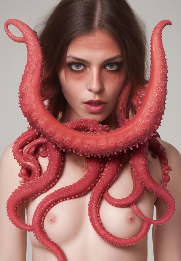 High detail RAW color sensual photo of (Pare ((warrior)) woman) ((tit fucking red tentacles)), ((tentacle sex)) with perfect face and perfect bright eyes, pale skin and freckles, large eyes)), hasselblad, 45 degree, hard light, gigapixel