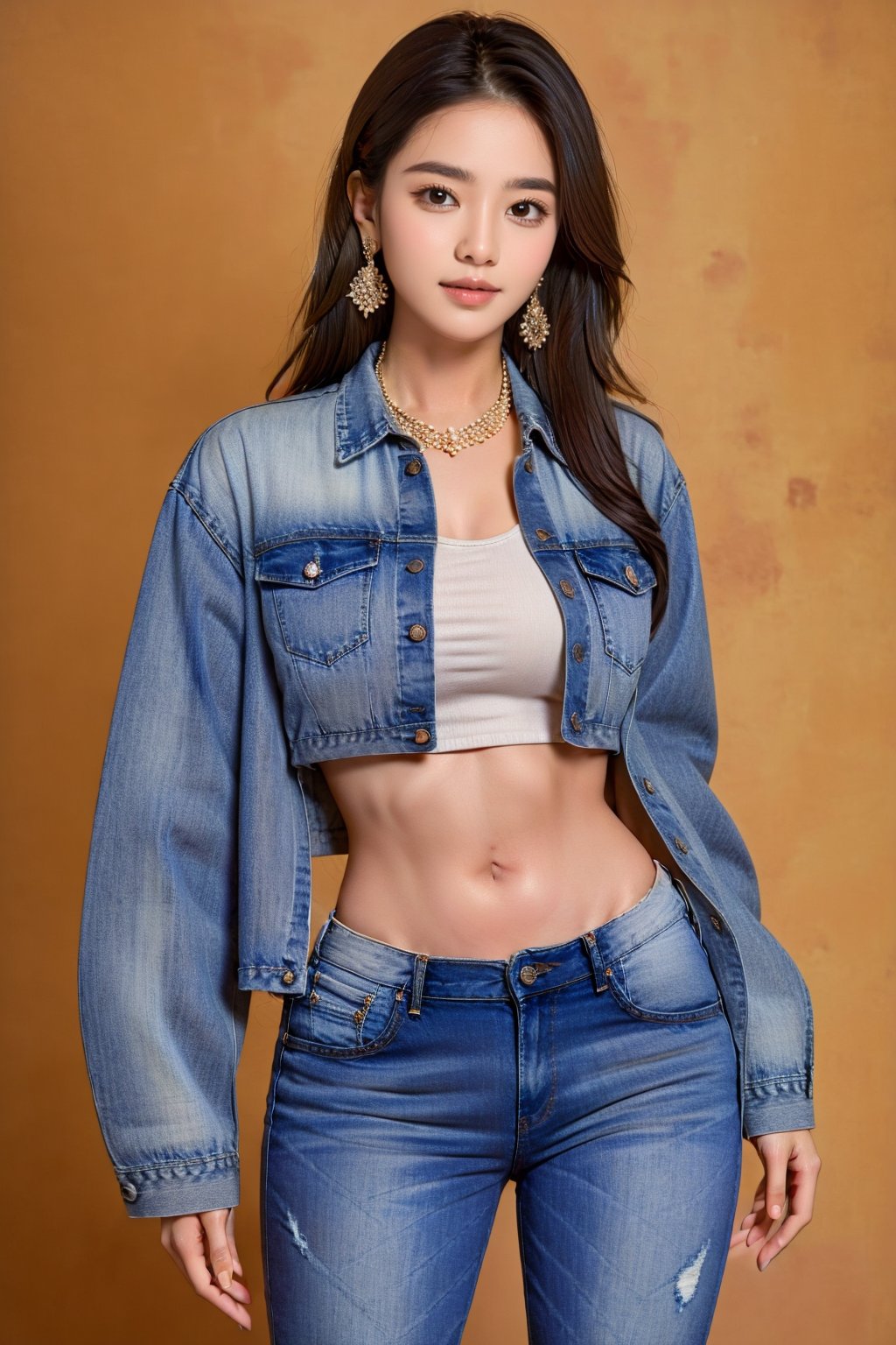 1girl, solo, long hair, looking at viewer, skirt, simple background, black hair, long sleeves, navel, brown eyes, jewelry, earrings, midriff, grey background, lips, crop top, denim, pocket, realistic, denim jacket