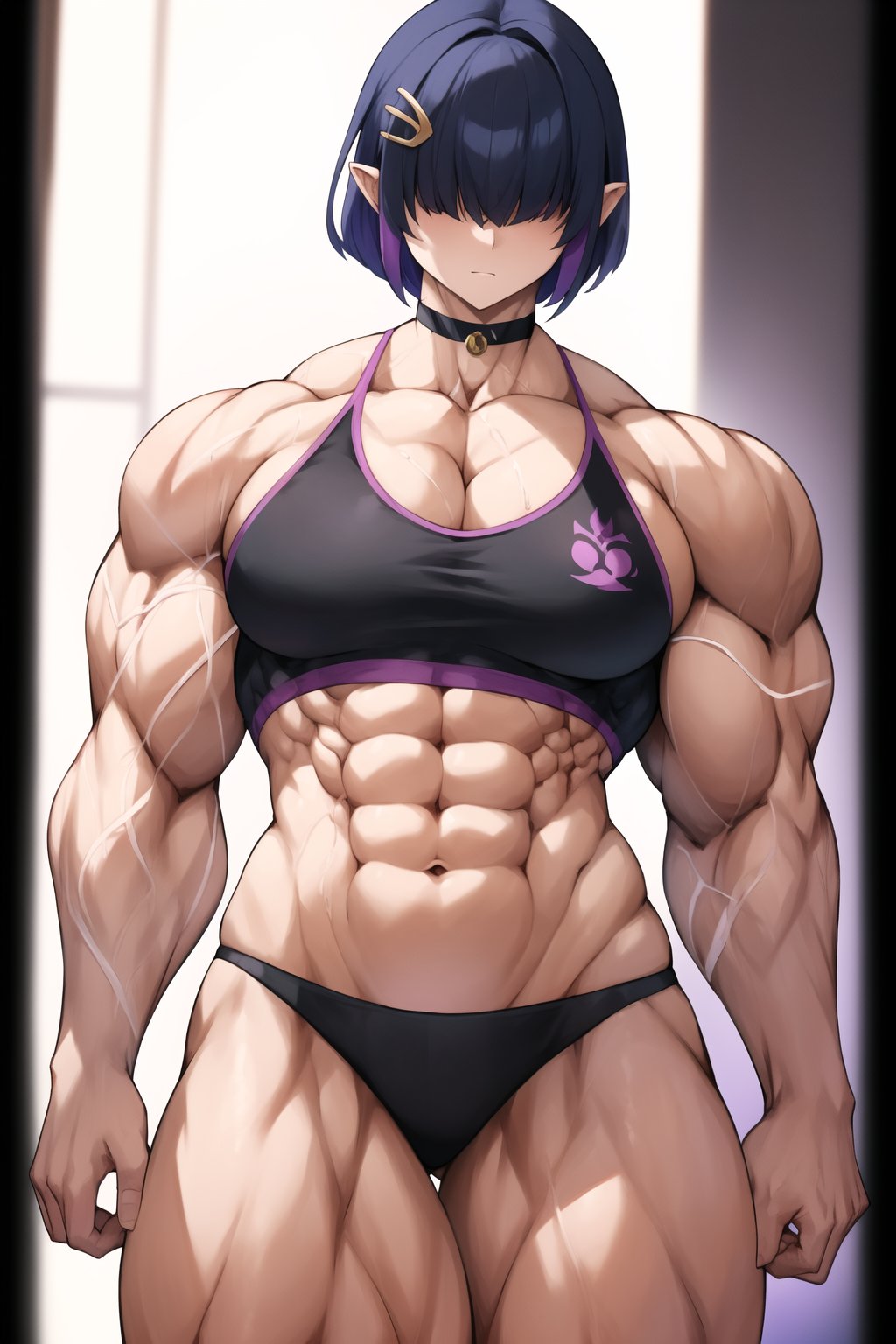  black hair, hair over eyes,wears purple hairclips slightly resembling the ears of an Audino, and string-like tendrils, as well as a purple choker, (((half body))), (((upper body))), (((cowboy shots))), A beautiful woman wearing a bikini, visible belly button, making a bicep and glaring at us, ((muscular:1.2)), (bodybuilder:1.2), high quality, standing, shiny skin, shiny body, Valerie_pokemon, more prism, vibrant color, (tall female:1.2)