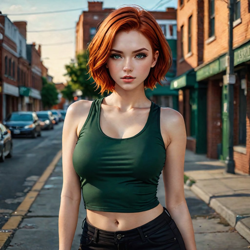 (long photograph), of a woman ((redhead with short hair, pretty green eyes)), 25 years old, penetrating gaze, detailed skin, pretty, wearing a tight black tank top, long ripped and tight black pants, sneakers black converse, natural light, studio light, golden hour, photoshoot, DSLR, 64K, UHD, HDR, (masterpiece), cover, intricate details, ((high quality)), highly detailed, (cover), hyper-realistic , sexy girl,Extremely Realistic,Sexy Girl