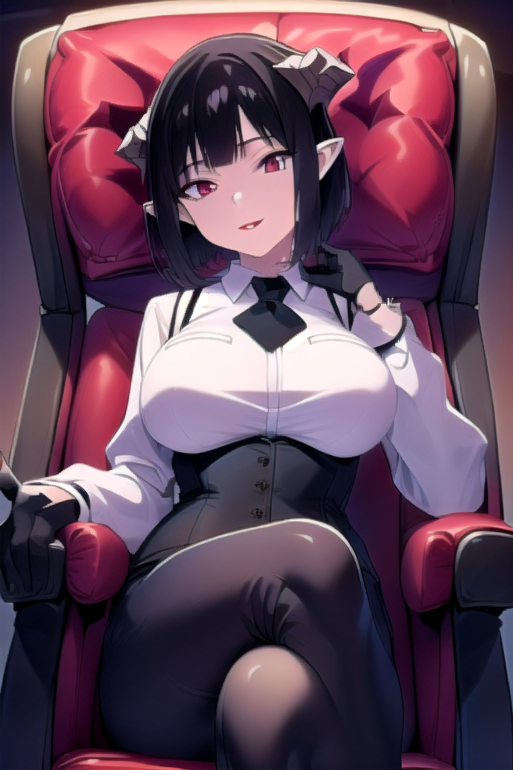masterpiece, best quality, ultra detailed, high-resolution, 8k, detailed beautiful face and eyes, smiling, 

crossed legs, sitting in a chair, elbows on chair, 

tortura_wz, red eyes, black hair, short hair, pointy ears, black gloves, large breasts, red lips, demon horns, demon tail, black pants, black corset, white shirt, collared shirt, long sleeves, black necktie, vest, demon girl, 

,AGGA_ST017