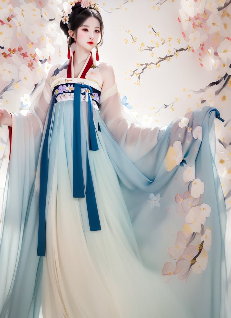 1 (slim:1.4) traditional beauty, elegant, charming, wearing (hanfu), (breast-high ru skirt:1.2), warm color dressing style, sheer, look through, black hair, delicate accessory, (solo:1.5), masterpieces, best quality, high resolution, bright scene, soft color, low contrast, (ink painting floral background:1.7), (blurred background, Chinese background:1.2), ru skirt, (less exposed:1.2)