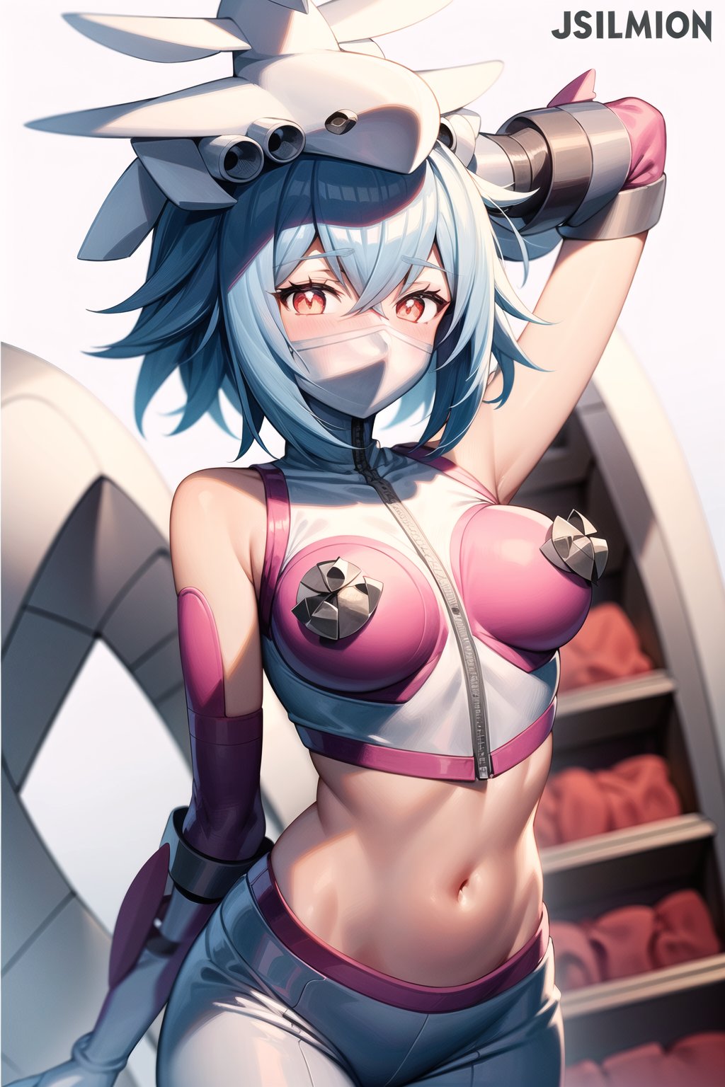 Masterpiece, jetsilphymon, 1girl, solo, looking at viewer, blush, short hair, simple background, shirt, red eyes, gloves, white background, navel, hair between eyes, medium breasts, blue hair, heart, cowboy shot, small breasts, sleeveless, midriff, stomach, character name, crop top, groin, sleeveless shirt, mask, mouth mask, covered mouth, digimon \(creature\), helmet