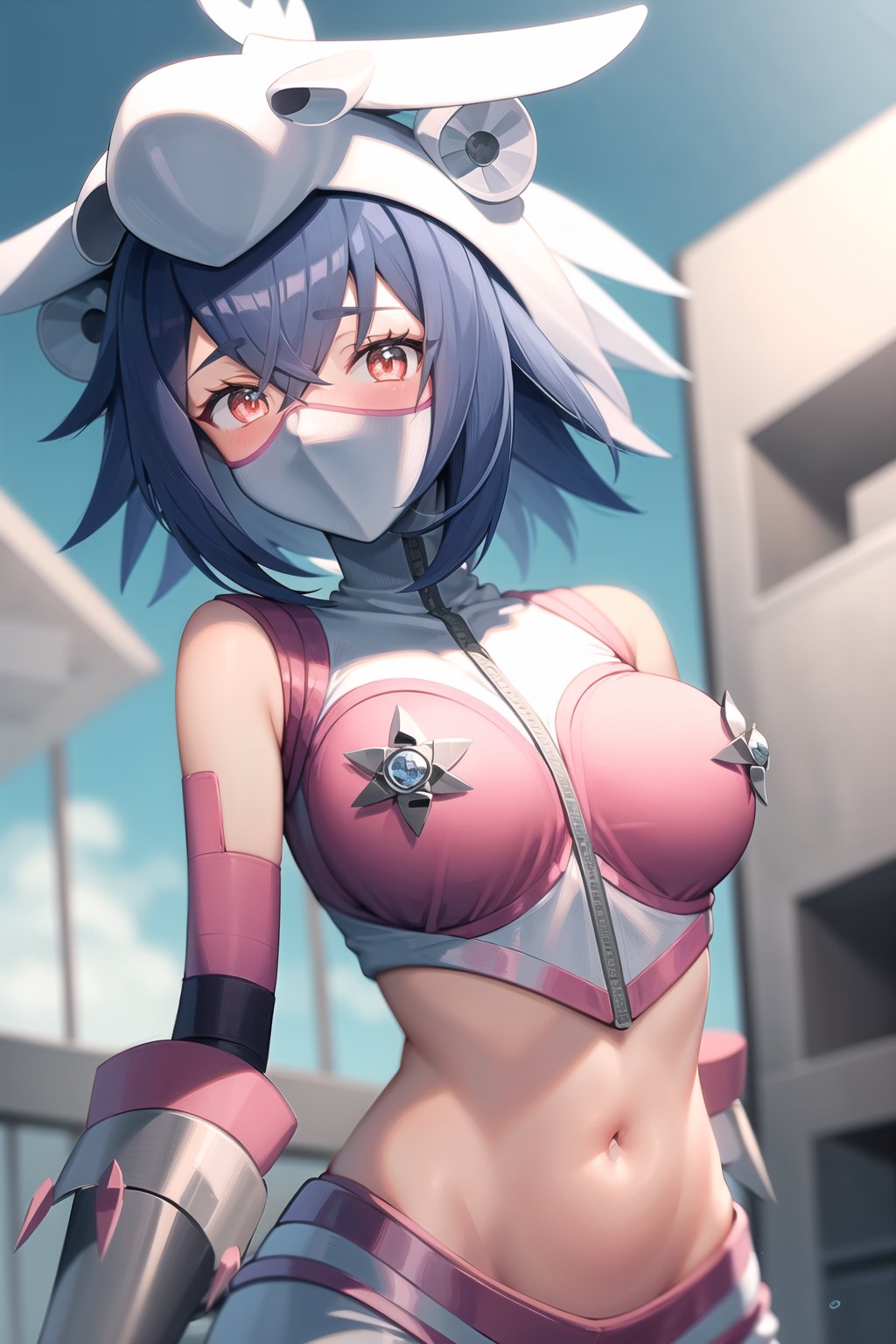 Masterpiece, best quality.jetsilphymon, 1girl, solo, looking at viewer, blush, short hair, sky, clouds, shirt, red eyes, gloves, navel, hair between eyes, big breasts, blue hair, heart, cowboy shot, small breasts, sleeveless, midriff, stomach, crop top, groin, sleeveless shirt, mask, mouth mask, covered mouth, digimon \(creature\), helmet,gonzarez