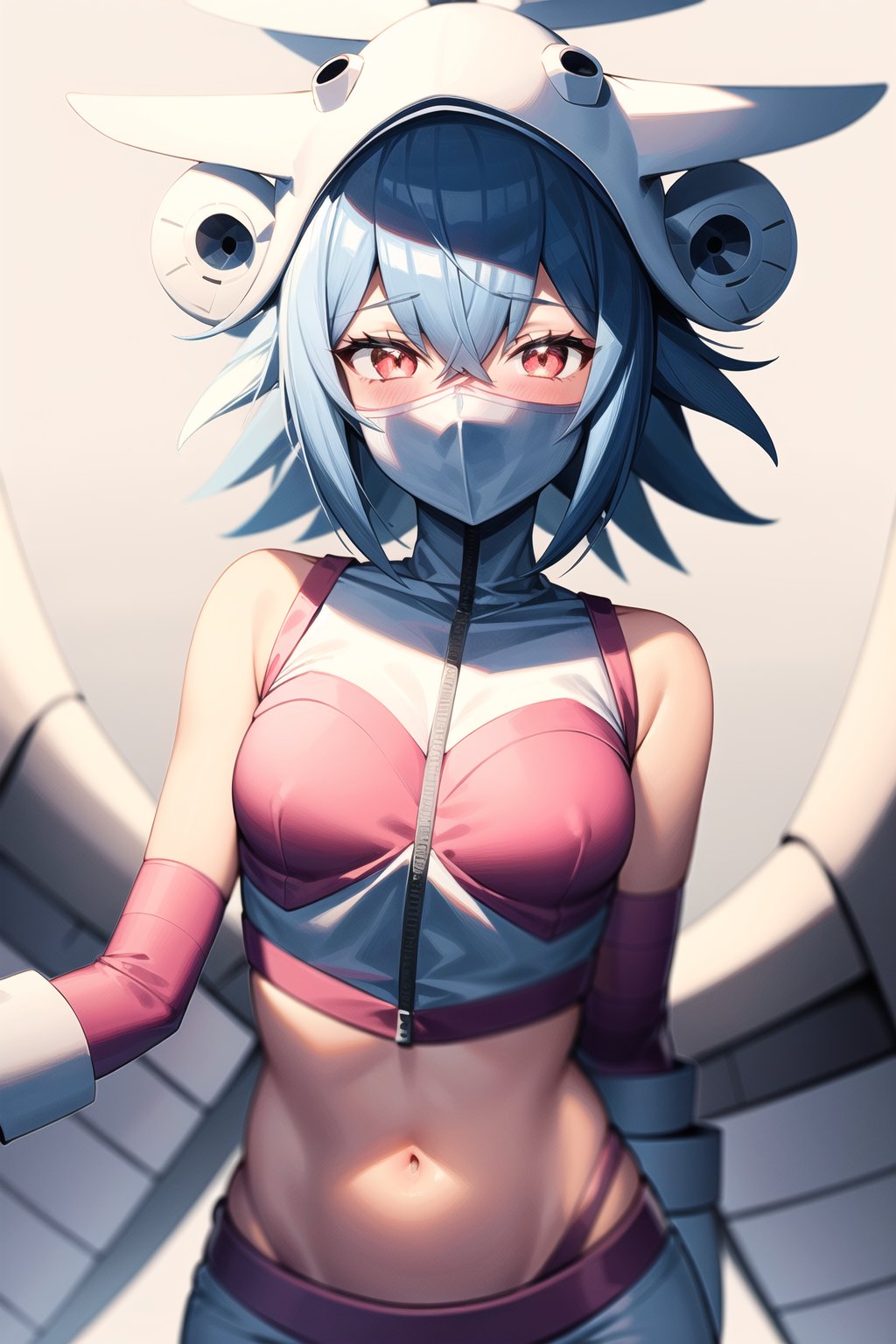 Masterpiece, jetsilphymon, 1girl, solo, looking at viewer, blush, short hair, simple background, shirt, red eyes, gloves, white background, navel, hair between eyes, medium breasts, blue hair, heart, cowboy shot, small breasts, sleeveless, midriff, stomach, character name, crop top, groin, sleeveless shirt, mask, mouth mask, covered mouth, digimon \(creature\), helmet