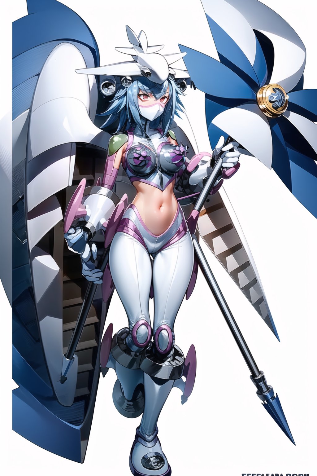 Masterpiece, jetsilphymon, 1girl, solo, simple background, white background, holding, blue hair, full body, weapon, wings, armor, mask, polearm, mecha musume, digimon \(creature\), helmet