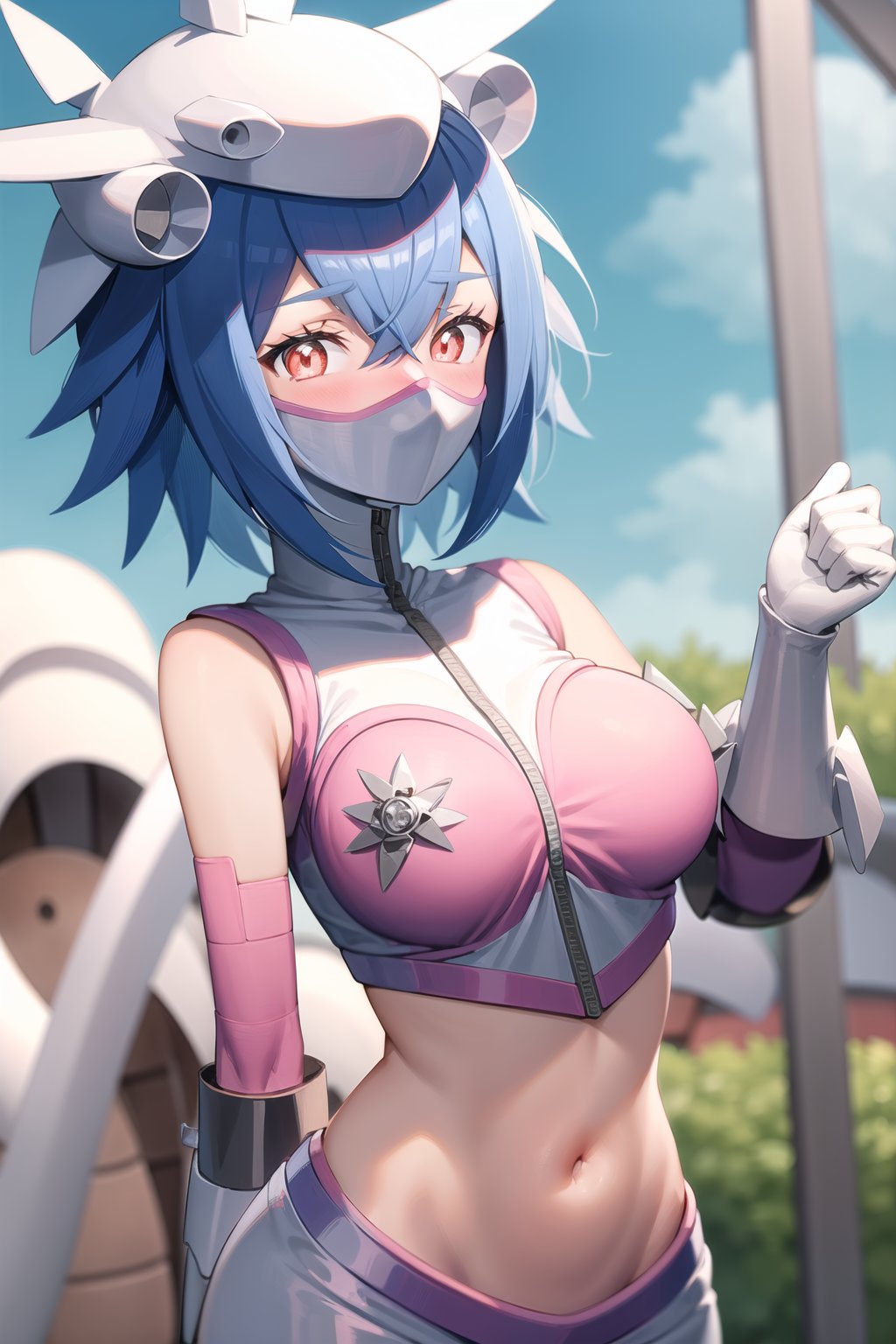 Masterpiece, best quality.jetsilphymon, 1girl, solo, looking at viewer, blush, short hair, sky, clouds, shirt, red eyes, gloves, navel, hair between eyes, big breasts, blue hair, heart, cowboy shot, small breasts, sleeveless, midriff, stomach, crop top, groin, sleeveless shirt, mask, mouth mask, covered mouth, digimon \(creature\), helmet,gonzarez