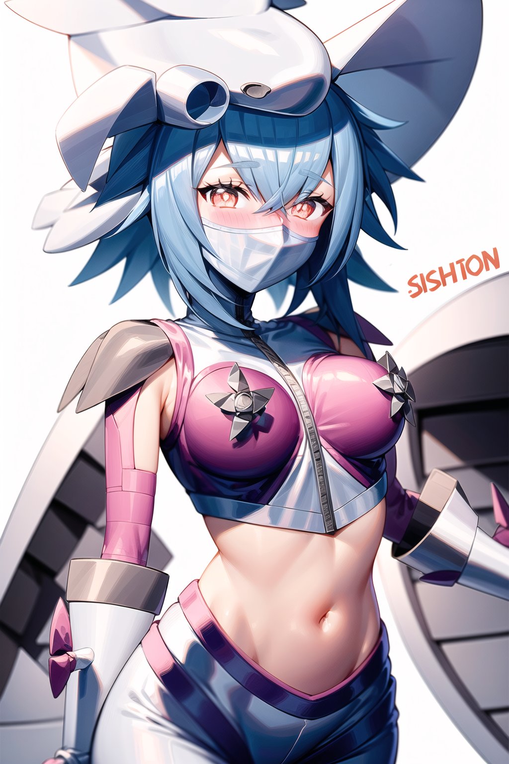 Masterpiece, jetsilphymon, 1girl, solo, looking at viewer, blush, short hair, simple background, shirt, red eyes, gloves, white background, navel, hair between eyes, medium breasts, blue hair, heart, cowboy shot, small breasts, sleeveless, midriff, stomach, character name, crop top, groin, sleeveless shirt, mask, mouth mask, covered mouth, digimon \(creature\), helmet