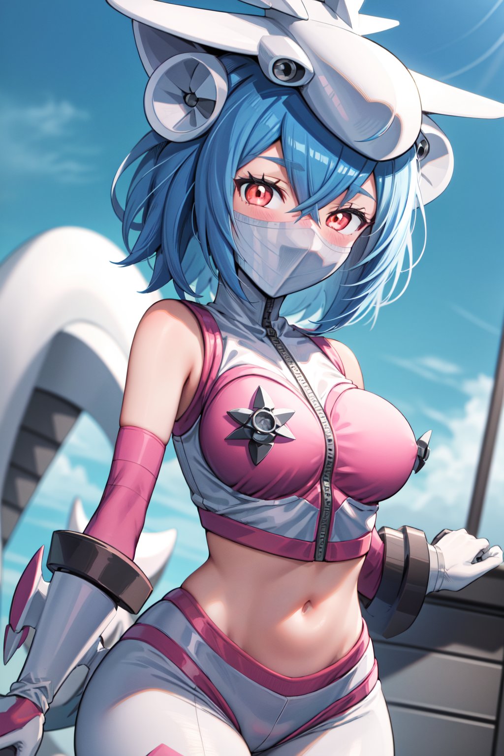 Masterpiece, jetsilphymon, 1girl, solo, looking at viewer, blush, short hair, sky, clouds, shirt, red eyes, gloves, navel, hair between eyes, big breasts, blue hair, heart, cowboy shot, small breasts, sleeveless, midriff, stomach, crop top, groin, sleeveless shirt, mask, mouth mask, covered mouth, digimon \(creature\), helmet,gonzarez