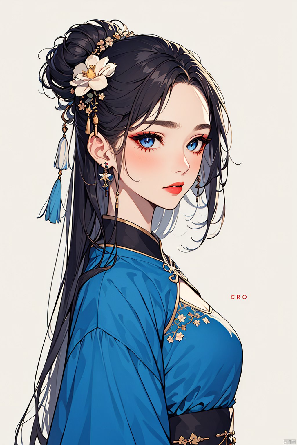  1girl, solo, long hair, looking at viewer, blue eyes, black hair, hair ornament, white background, dress, jewelry, closed mouth, upper body, flower, earrings, hair flower, hair bun, from side, clothing cutout, makeup, blue dress, chinese clothes, single hair bun, white flower, tassel, branch, red lips, shoulder cutout, tassel earrings, art, jijianchahua