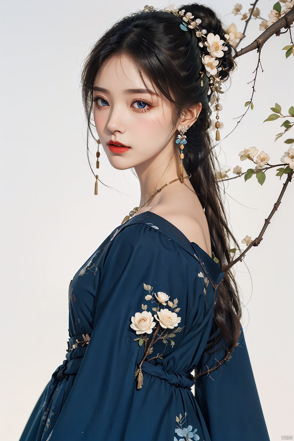 1girl, solo, long hair, looking at viewer, blue eyes, black hair, hair ornament, white background, dress, jewelry, closed mouth, upper body, flower, earrings, hair flower, hair bun, from side, clothing cutout, makeup, blue dress, chinese clothes, single hair bun, white flower, tassel, branch, red lips, shoulder cutout, tassel earrings, art