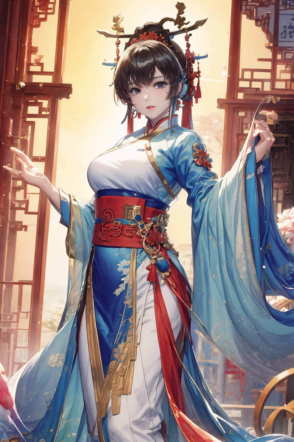  technique, The screen adopts the style of the Song Dynasty in China, The screen apply elements related to the Song Dynasty in China, Chinese style light watercolor, low angle shooting, 1girl, solo, painting, hanfu, HUBG_CN_illustration,moyou, Asian girl, , chinese paiting, jijianchahua, guoflinke, 3d, art, gchf,illustrations, beauty