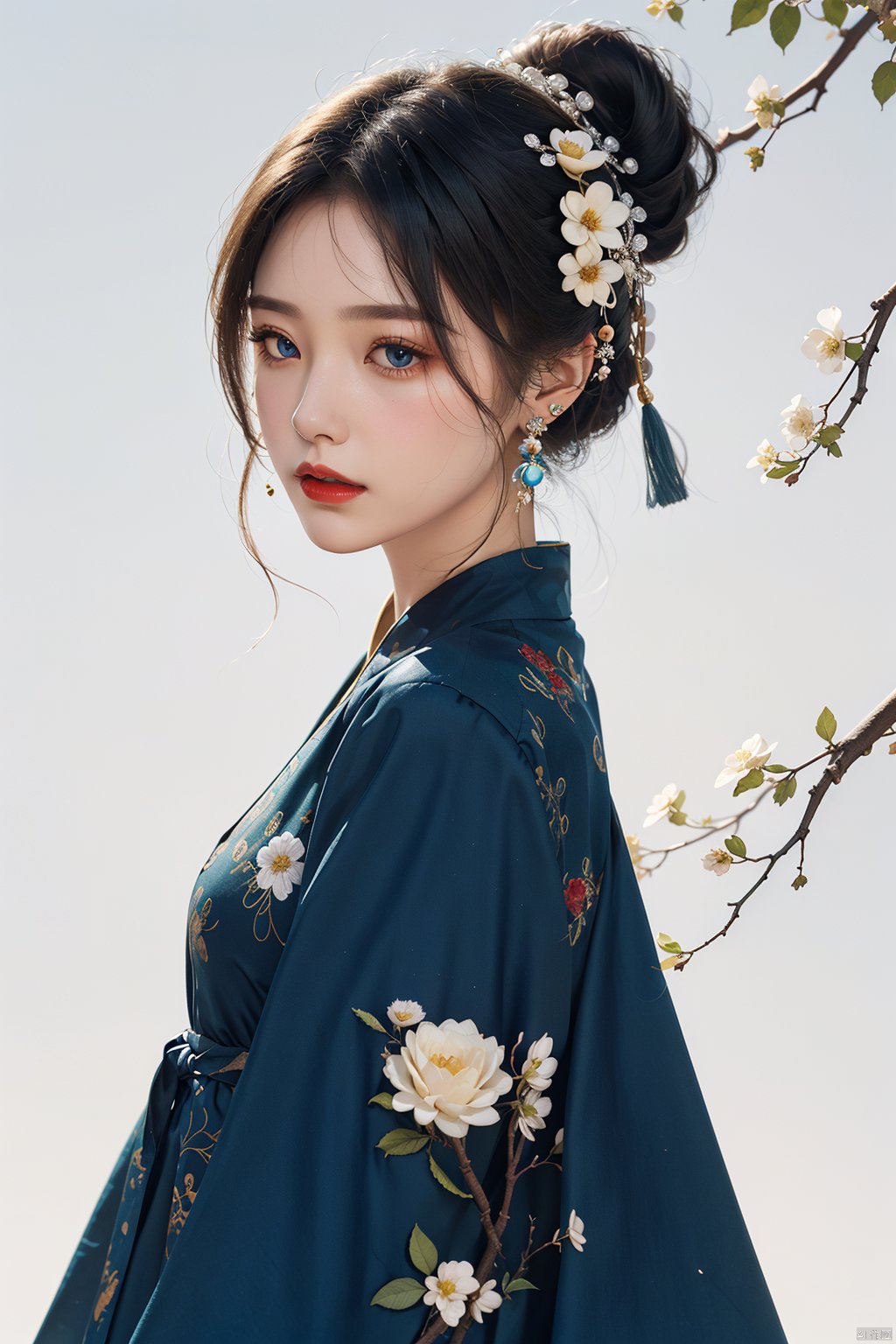  1girl, solo, long hair, looking at viewer, blue eyes, black hair, hair ornament, white background, dress, jewelry, closed mouth, upper body, flower, earrings, hair flower, hair bun, from side, clothing cutout, makeup, blue dress, chinese clothes, single hair bun, white flower, tassel, branch, red lips, shoulder cutout, tassel earrings, art