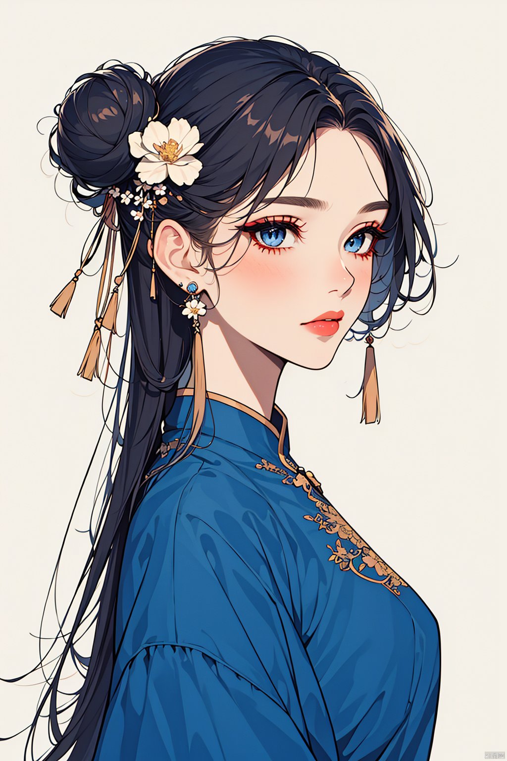  1girl, solo, long hair, looking at viewer, blue eyes, black hair, hair ornament, white background, dress, jewelry, closed mouth, upper body, flower, earrings, hair flower, hair bun, from side, clothing cutout, makeup, blue dress, chinese clothes, single hair bun, white flower, tassel, branch, red lips, shoulder cutout, tassel earrings, art, jijianchahua