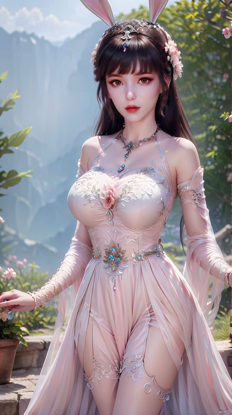  a girl,,rabbit ear hair accessories,breastplate,shoulder_armor,pink white dress,upper body and upper thighs,