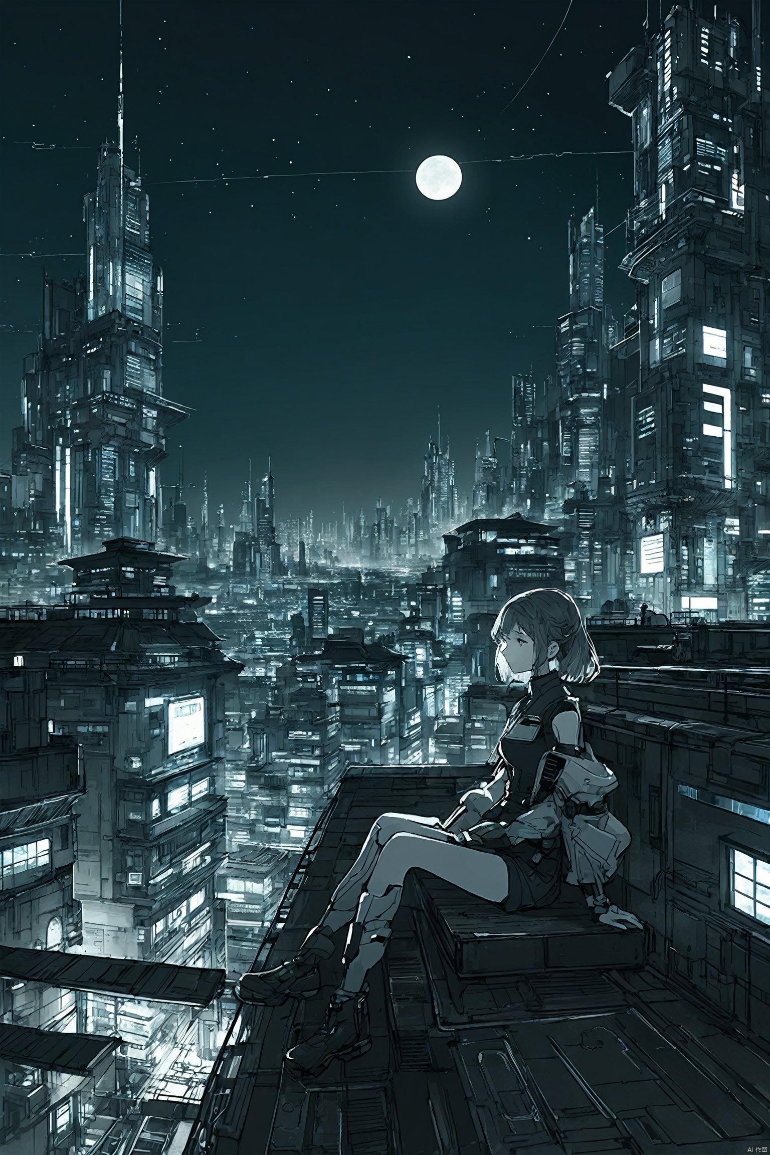  1girl,upper body,cyberpunk,future city,night,sitting on the roof,beautiful,masterpiece,extremely detailed,best quality,very aesthetic, line art, as style.line style,