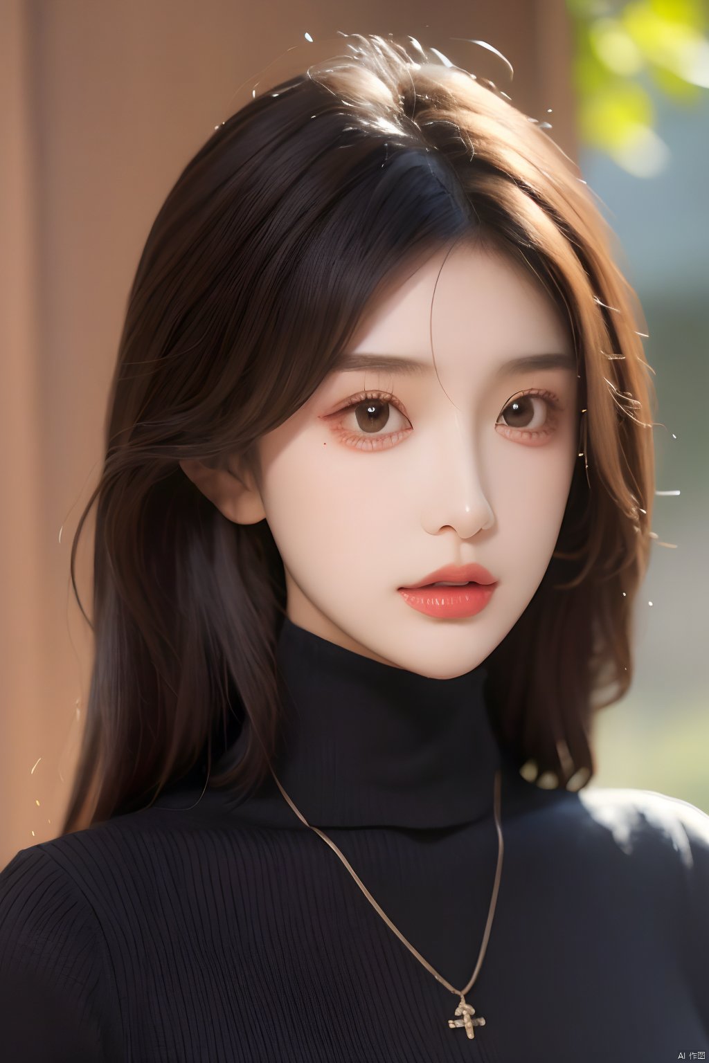  xuer a sense of story girl,1girl,solo,long hair,black hair,looking at viewer,sweater,parted lips,realistic,messy hair,necklace,upper body,blurry,black sweater,black eyes,lips,jewelry,turtleneck,blurry background,turtleneck sweater,outdoors,ribbed sweater,
, 1 girl