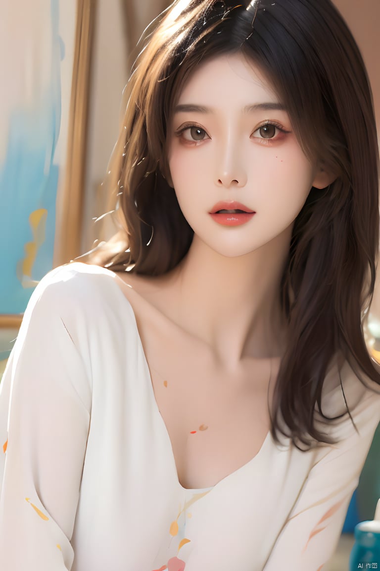  Best quality, masterpiece, ultra high res, (photorealistic:1.2), a girl,Depth of field, golden hour, (rim lighting:1.1), soft shadows, vibrant colors, hazy glow, painterly effect, dreamy atmosphere,A clear face,Black hair, long hair, straight hair,( white clothes:1.2),Tight clothes,Close-fitting clothes,Perfect facial features,Amazing beauty,collarbone, slender waist, colored lead, national style, (hand painting:1.3), mystery,