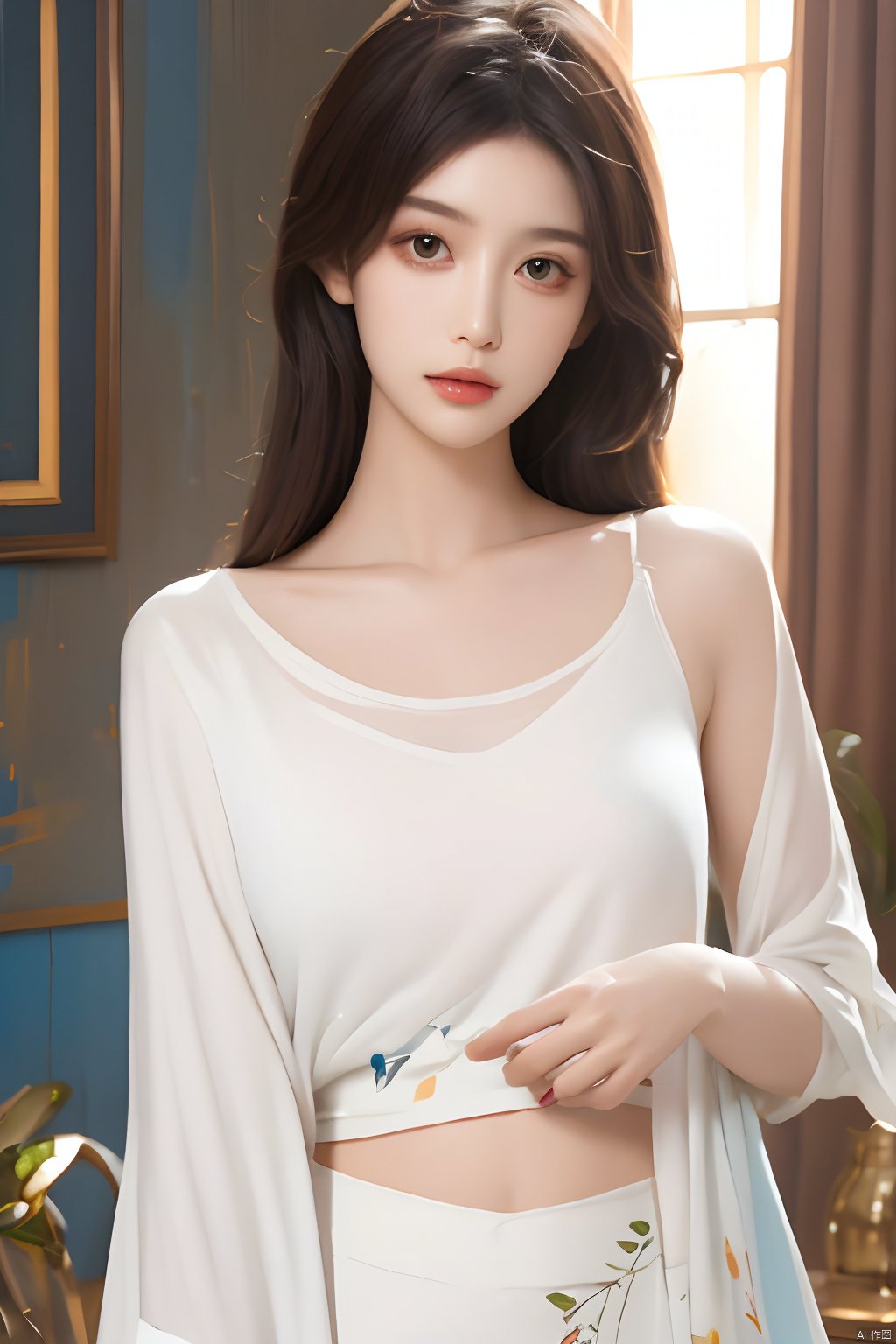  Best quality, masterpiece, ultra high res, (photorealistic:1.2), a girl,Depth of field, golden hour, (rim lighting:1.1), soft shadows, vibrant colors, hazy glow, painterly effect, dreamy atmosphere,A clear face,Black hair, long hair, straight hair,( white clothes:1.2),Tight clothes,Close-fitting clothes,Perfect facial features,Amazing beauty,collarbone, slender waist, colored lead, national style, (hand painting:1.3), mystery,