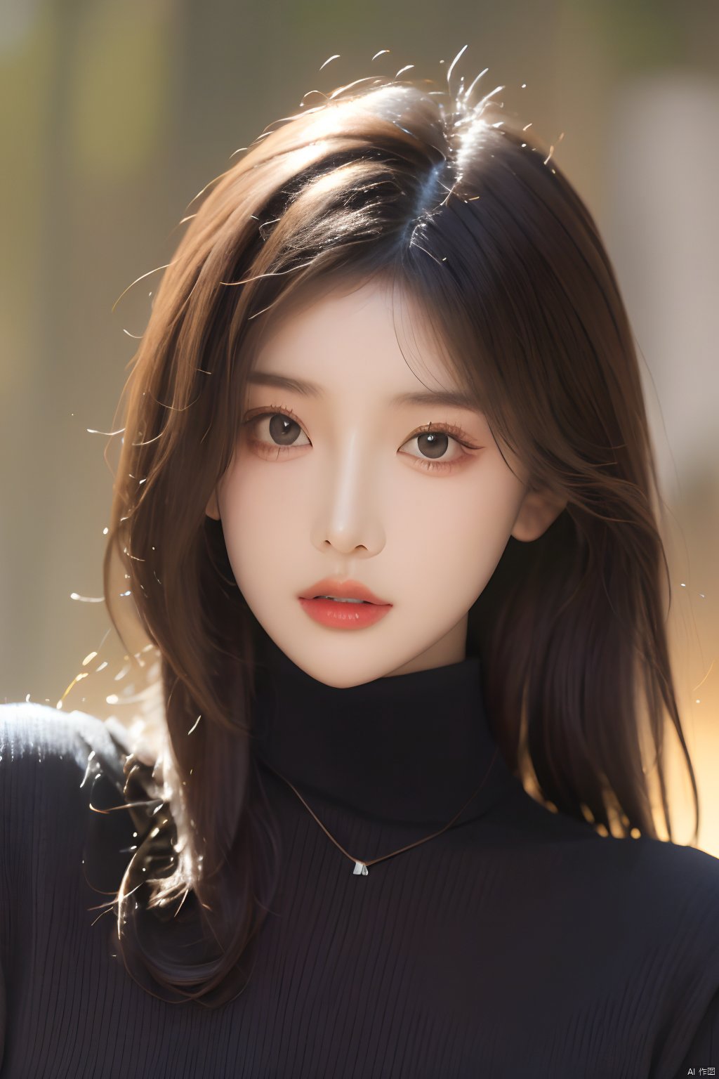  xuer a sense of story girl,1girl,solo,long hair,black hair,looking at viewer,sweater,parted lips,realistic,messy hair,necklace,upper body,blurry,black sweater,black eyes,lips,jewelry,turtleneck,blurry background,turtleneck sweater,outdoors,ribbed sweater,
, 1 girl