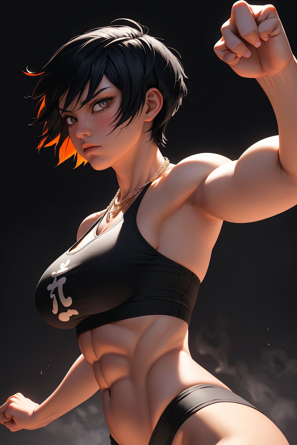 1girl, Sanae Sawamura, solo, oil painting, impasto, looking at viewer, ((frontal)), ((fight pose)) a beautiful young woman, 18 years old,  short black hair ((Short hair on the sides)), grey eyes.  tribal necklace,  muscular female, psychedelic  outfit. strong arms, big breasts, ripped abs, wide hips, big ass,  wide thighs. muscular body, psychedelic background, masterpiece, nijistyle, niji, , sciamano240, soft shading, 1girl, ,portrait,detailed,Color Booster,Sanae Sawamura