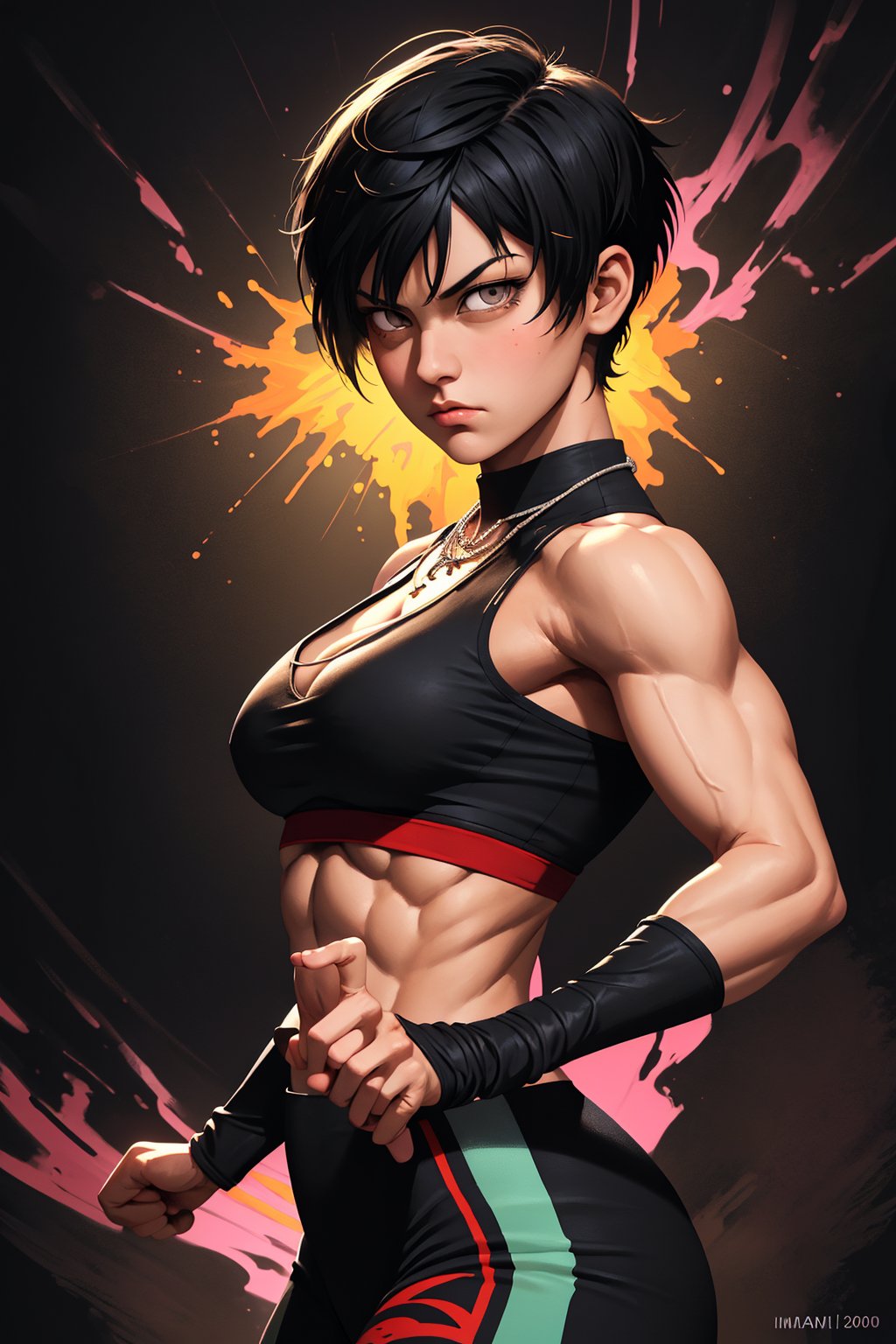 1girl, Sanae Sawamura, solo, oil painting, impasto, looking at viewer, ((frontal)), ((fight pose)) a beautiful young woman, 18 years old,  short black hair ((Short hair on the sides)), grey eyes.  tribal necklace,  muscular female, psychedelic  outfit. strong arms, big breasts, ripped abs, wide hips, big ass,  wide thighs. muscular body, psychedelic background, masterpiece, nijistyle, niji, , sciamano240, soft shading, 1girl, ,portrait,detailed,Color Booster,Sanae Sawamura