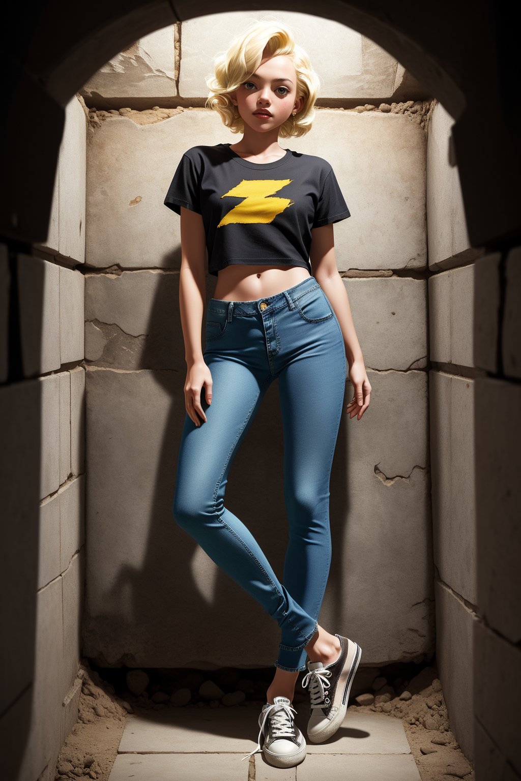 in the ancient tomb,Gothic,a girl,fiery red Marilyn Monroe's classic hairstyle,green eyes,perfect body,black cotton bottoming T-shirt, light blue tight denim cropped pants,yellowed canvas sneakers,detailed skin texture and fabric rendering, full-body_portrait,flash photo,