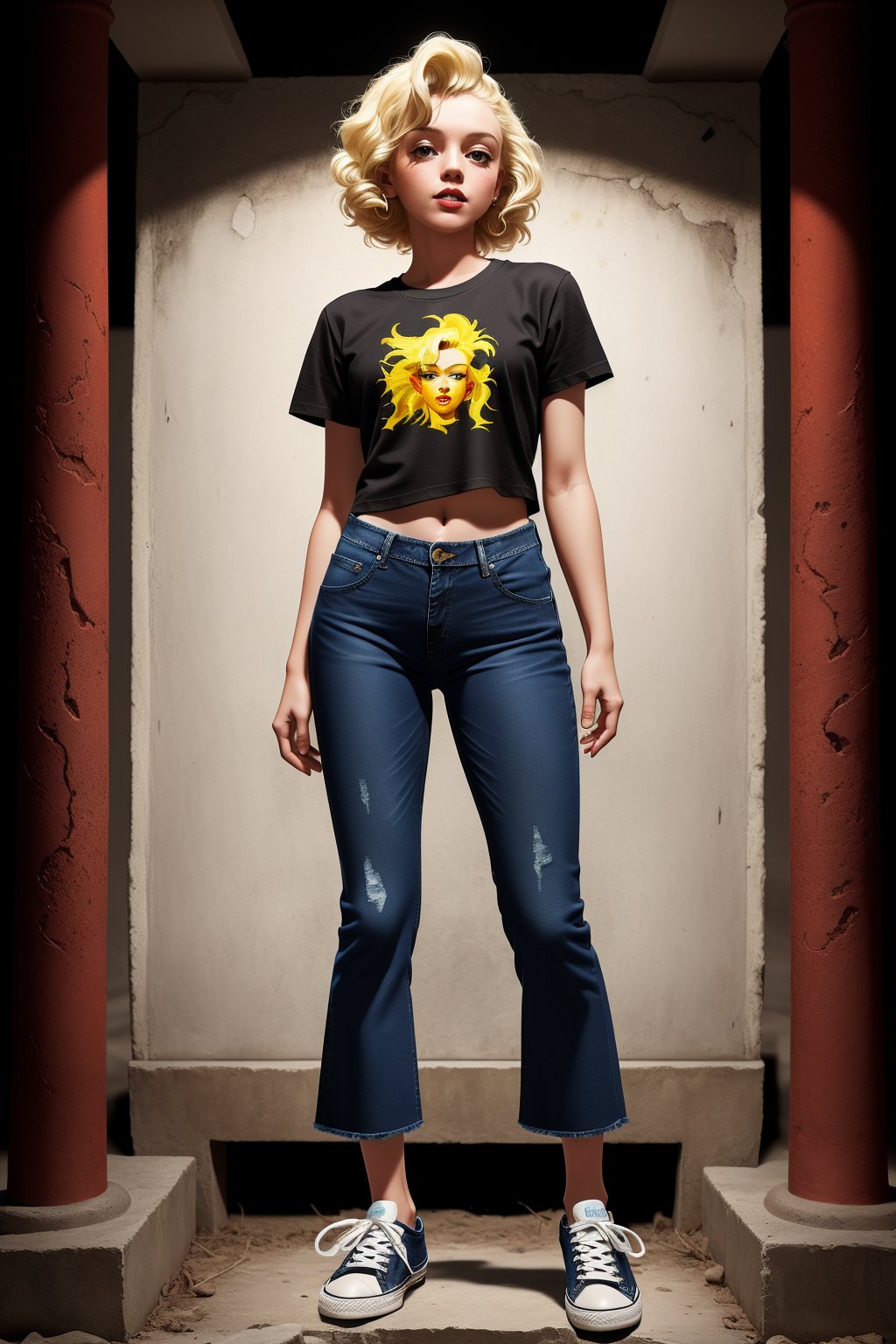 in the ancient tomb,Gothic,a girl,fiery red Marilyn Monroe's classic hairstyle,green eyes,perfect body,black cotton bottoming T-shirt, light blue tight denim cropped pants,yellowed canvas sneakers,detailed skin texture and fabric rendering, full-body_portrait,flash photo,