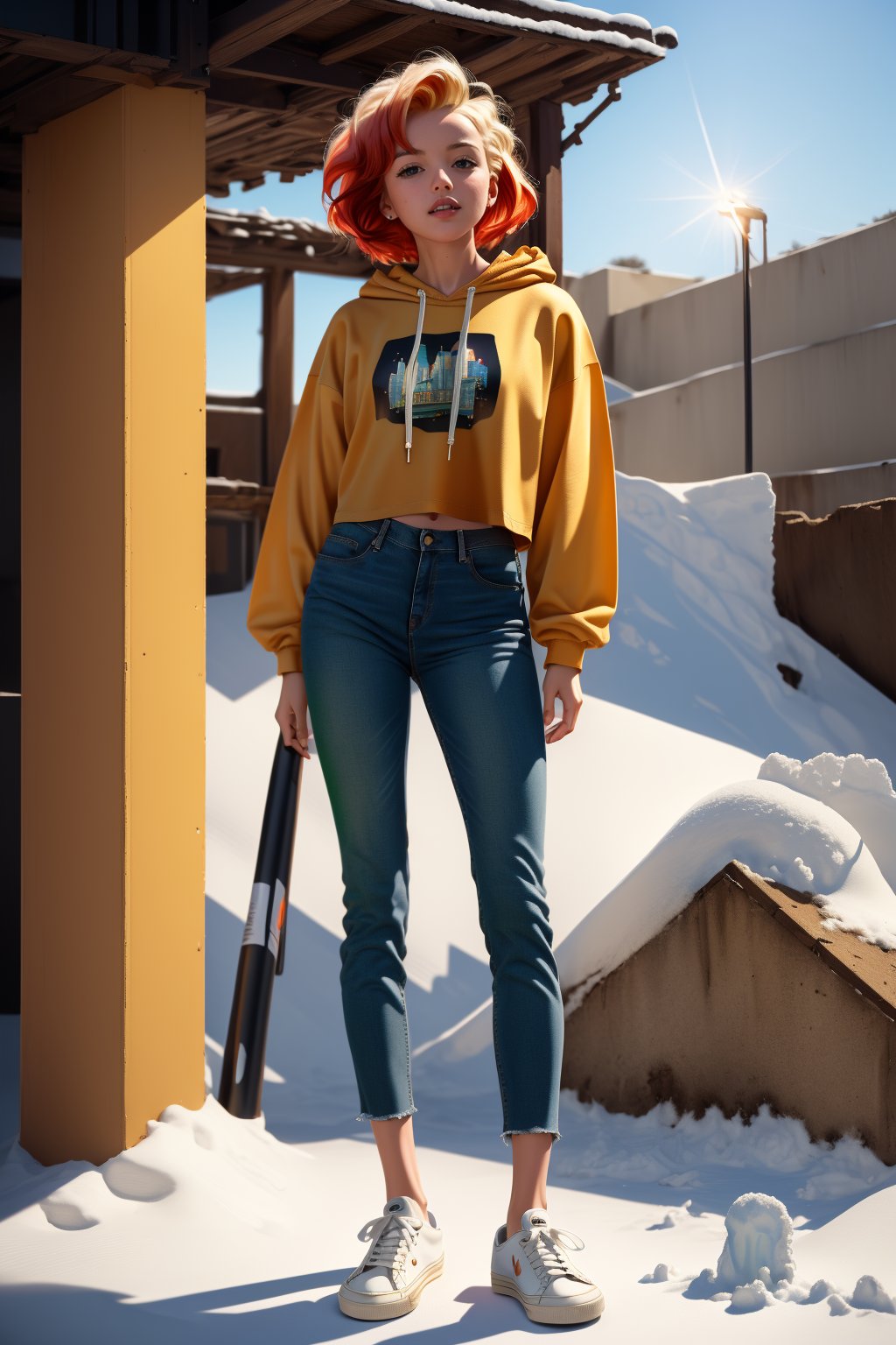 a girl,fiery red Marilyn Monroe's classic hairstyle,green eyes,perfect body,,detailed skin texture and fabric rendering, full-body_portrait,black cotton bottoming T-shirt.,outdoor-style snow-white sports sweatshirt with a hood, a pair of light blue tight denim cropped pants,yellowed canvas sneakers, abandoned tomb full of bones,looking the map( hand-drawn 1.5). summer morning, soft light shines