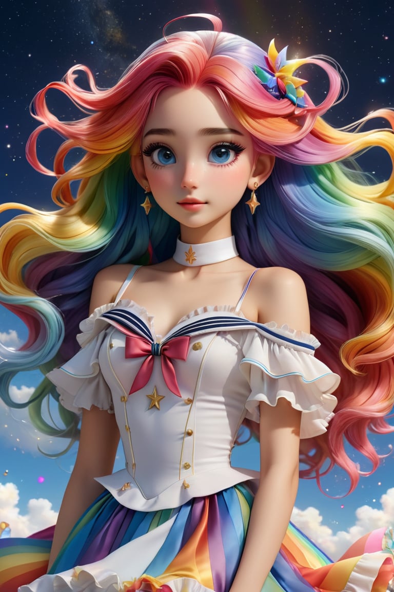 ((extremely detailed CG)),((8k_wallpaper)),(((masterpiece))),((best quality)),watercolor_(medium),((beautiful detailed starry sky)),cinmatic lighting,loli,princess,very long rainbow hair,side view,looking at viewer,full body,frills,(far from viewer),((extremely detailed face)),((an extremely delicate and beautiful girl)),((extremely detailed cute anime face)),((extremely detailed eyes)),(((extremely detailed body))),(ultra detailed),illustration,((bare stomach)),((bare shoulder)),small breast,((sideboob)),((((floating and rainbow hair)))),(((Iridescence and rainbow hair))),(((extremely detailed sailor dress))),((((Iridescence and rainbow dress)))),(Iridescence and rainbow eyes),beautiful detailed hair,beautiful detailed dress,dramatic angle,expressionless,(big top sleeves),frills,blush,(ahoge)