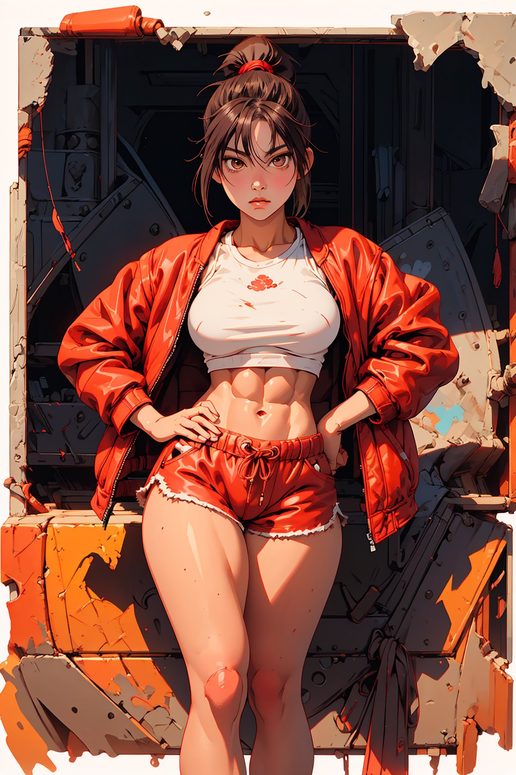 1girl, Mai Ganeko, solo, oil painting, impasto, ((front posture looking at the viewer)),  Mai Ganeko is a  woman, 18 years old, tomboy,  long reddish brown hair (ponytail), light brown eyes.  jacket, black t-shirt, red shorts.  muscular body,  strong arms, big breasts, ripped abs, wide hips, wide thighs.  psychedelic background, masterpiece, nijistyle, niji, sciamano240, soft shading, 1girl, portrait, detailed, Color Booster, Mai Ganeko