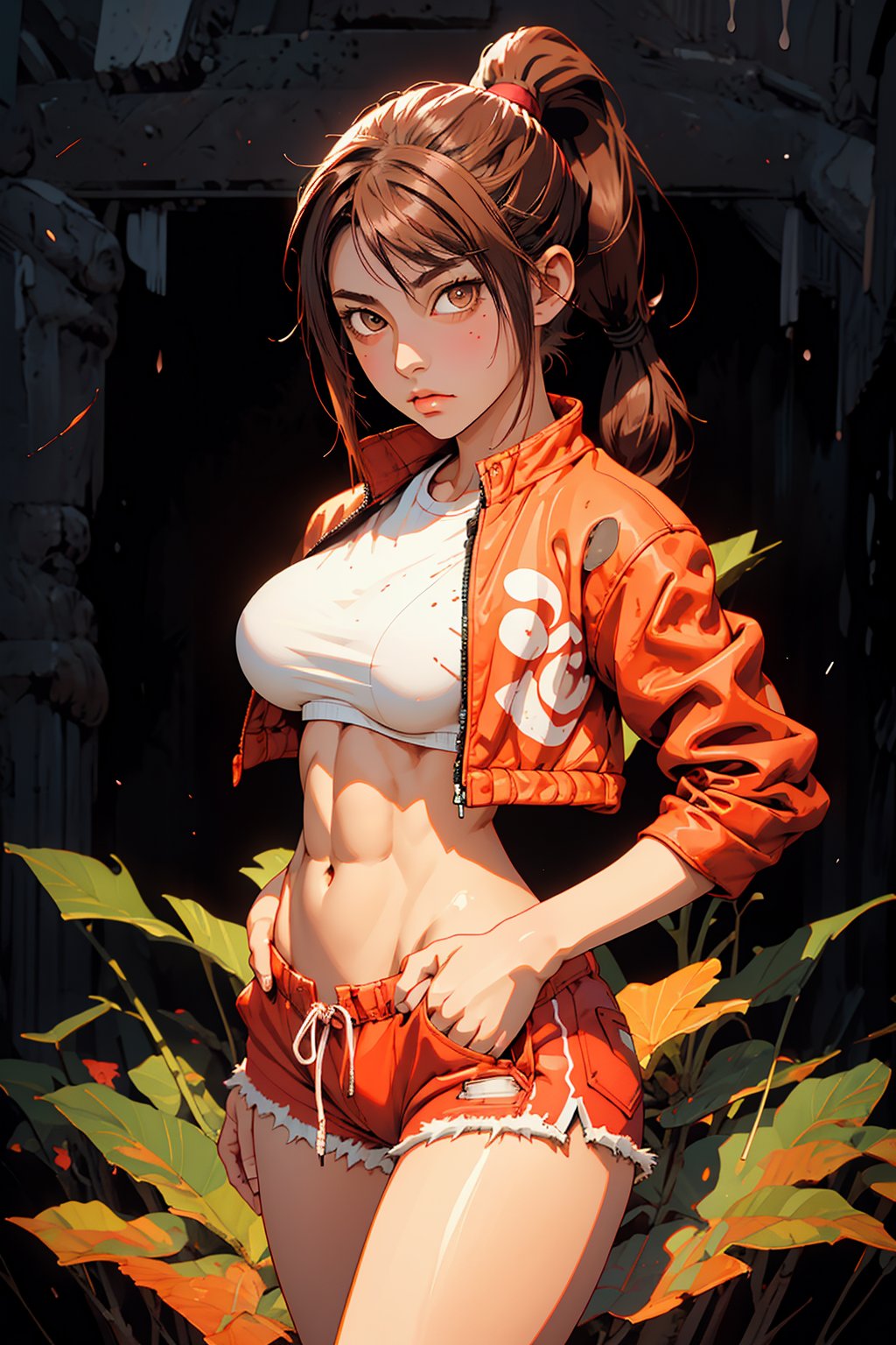 1girl, Mai Ganeko, solo, oil painting, impasto, ((front posture looking at the viewer)),  Mai Ganeko is a  woman, 18 years old, tomboy,  long reddish brown hair (ponytail), light brown eyes.  jacket, black t-shirt, red shorts.  muscular body,  strong arms, big breasts, ripped abs, wide hips, wide thighs.  psychedelic background, masterpiece, nijistyle, niji, sciamano240, soft shading, 1girl, portrait, detailed, Color Booster, Mai Ganeko