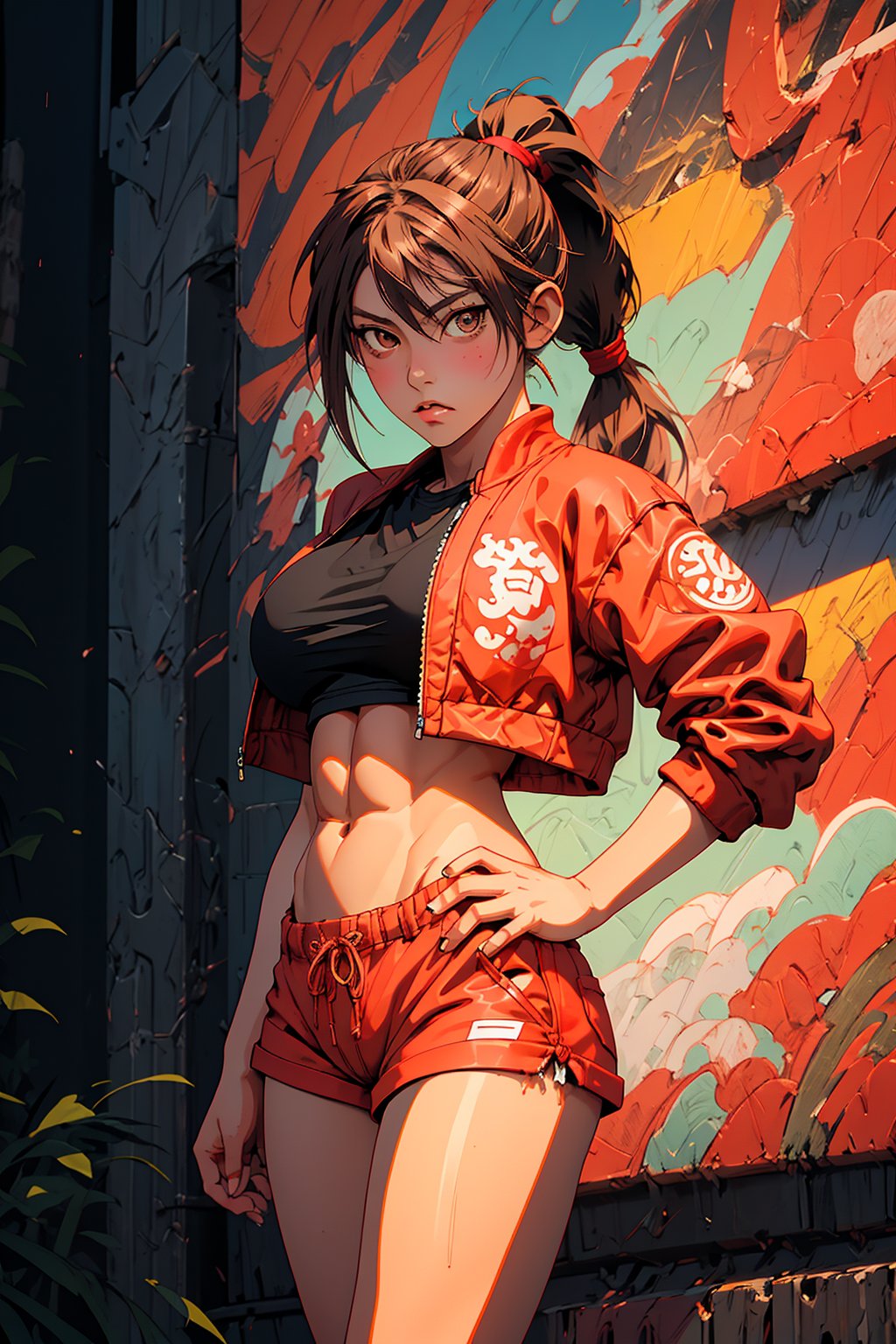 1girl, Mai Ganeko, solo, oil painting, impasto, ((front posture looking at the viewer)),  Mai Ganeko is a  woman, 18 years old, tomboy,  long reddish brown hair (ponytail), light brown eyes.  jacket, black t-shirt, red shorts.  muscular body,  strong arms, big breasts, ripped abs, wide hips, wide thighs.  psychedelic background, masterpiece, nijistyle, niji, sciamano240, soft shading, 1girl, portrait, detailed, Color Booster, Mai Ganeko