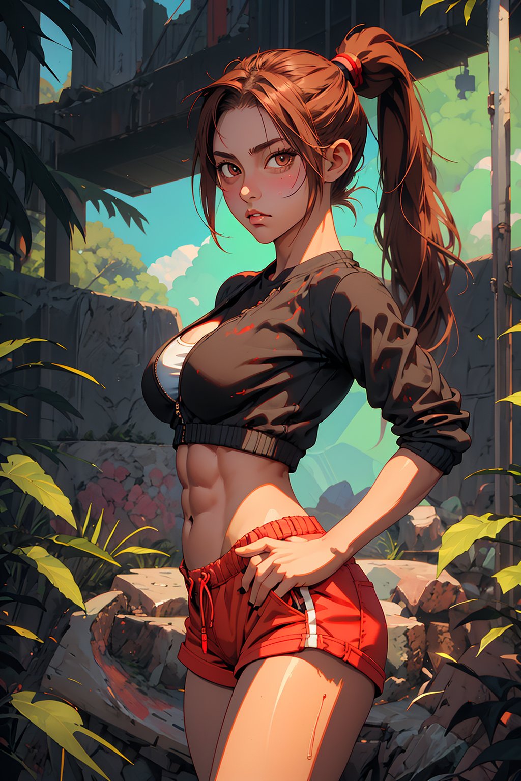 1girl, Mai Ganeko, solo, oil painting, impasto, ((front posture looking at the viewer)),  Mai Ganeko is a  woman, 18 years old, tomboy,  long reddish brown hair (ponytail), light brown eyes.  jacket, black t-shirt, red shorts.  muscular body,  strong arms, big breasts, ripped abs, wide hips, wide thighs.  psychedelic background, masterpiece, nijistyle, niji, sciamano240, soft shading, 1girl, portrait, detailed, Color Booster, Mai Ganeko