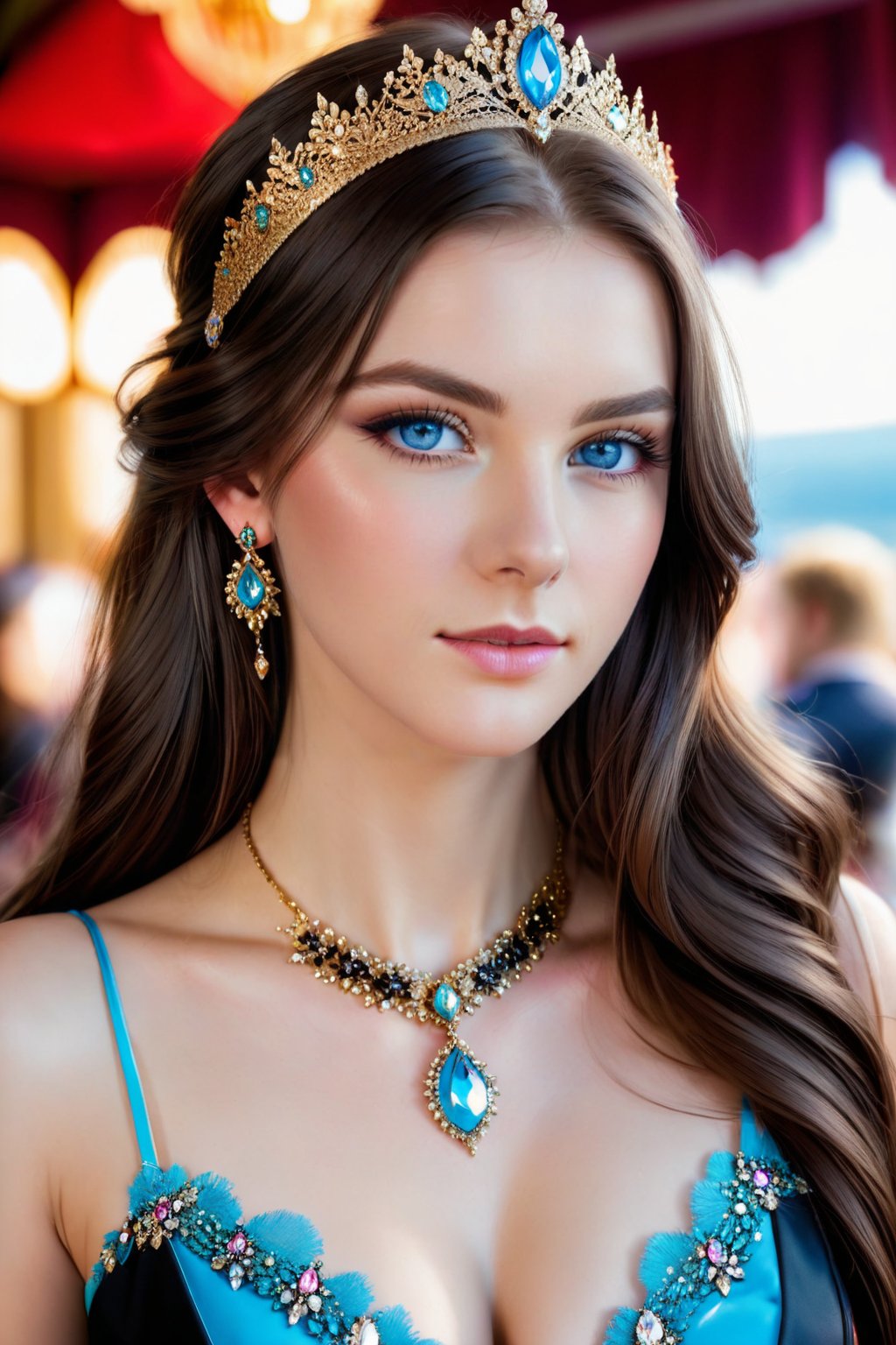 score_9,1girl,solo,long hair,looking at viewer,blue eyes,brown hair,black hair,hair ornament,jewelry,earrings,parted lips,teeth,necklace,blurry,lips,eyelashes,makeup,gem,portrait,realistic