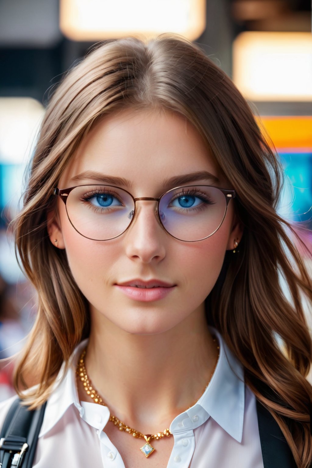 score_9,1girl,solo,looking at viewer,blue eyes,brown hair,shirt,jewelry,white shirt,upper body,parted lips,glasses,teeth,blurry,lips,blurry background,black-framed eyewear,realistic,nose