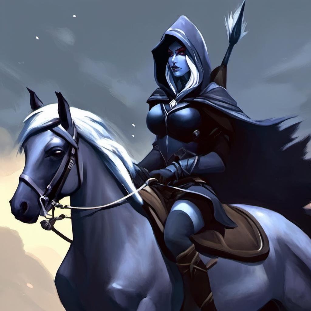 1girl, <lora:Drow:1> Drow,  hood, riding a horse